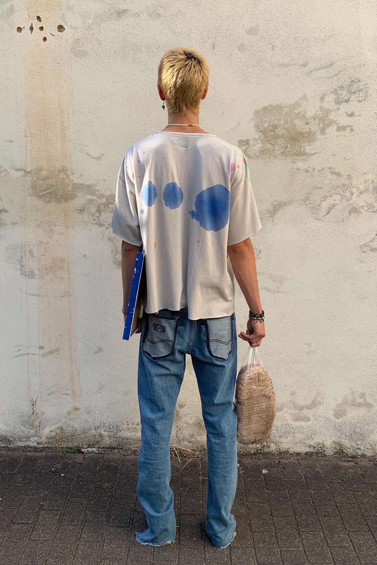 Upcycling Color-Chaos T-Shirt Blau Pink Beige XXL