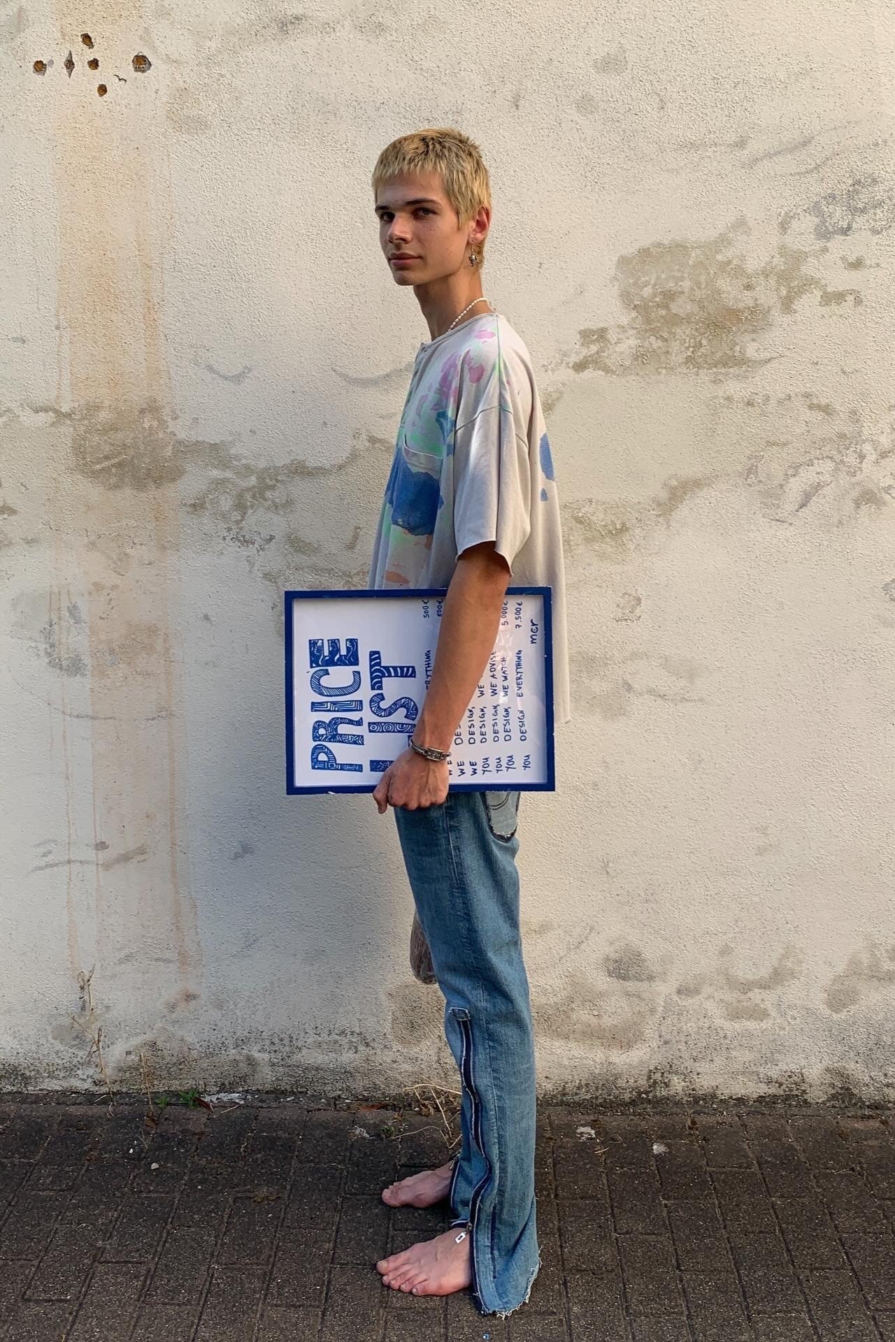 Upcycling Color-Chaos T-Shirt Blau Pink Beige XXL