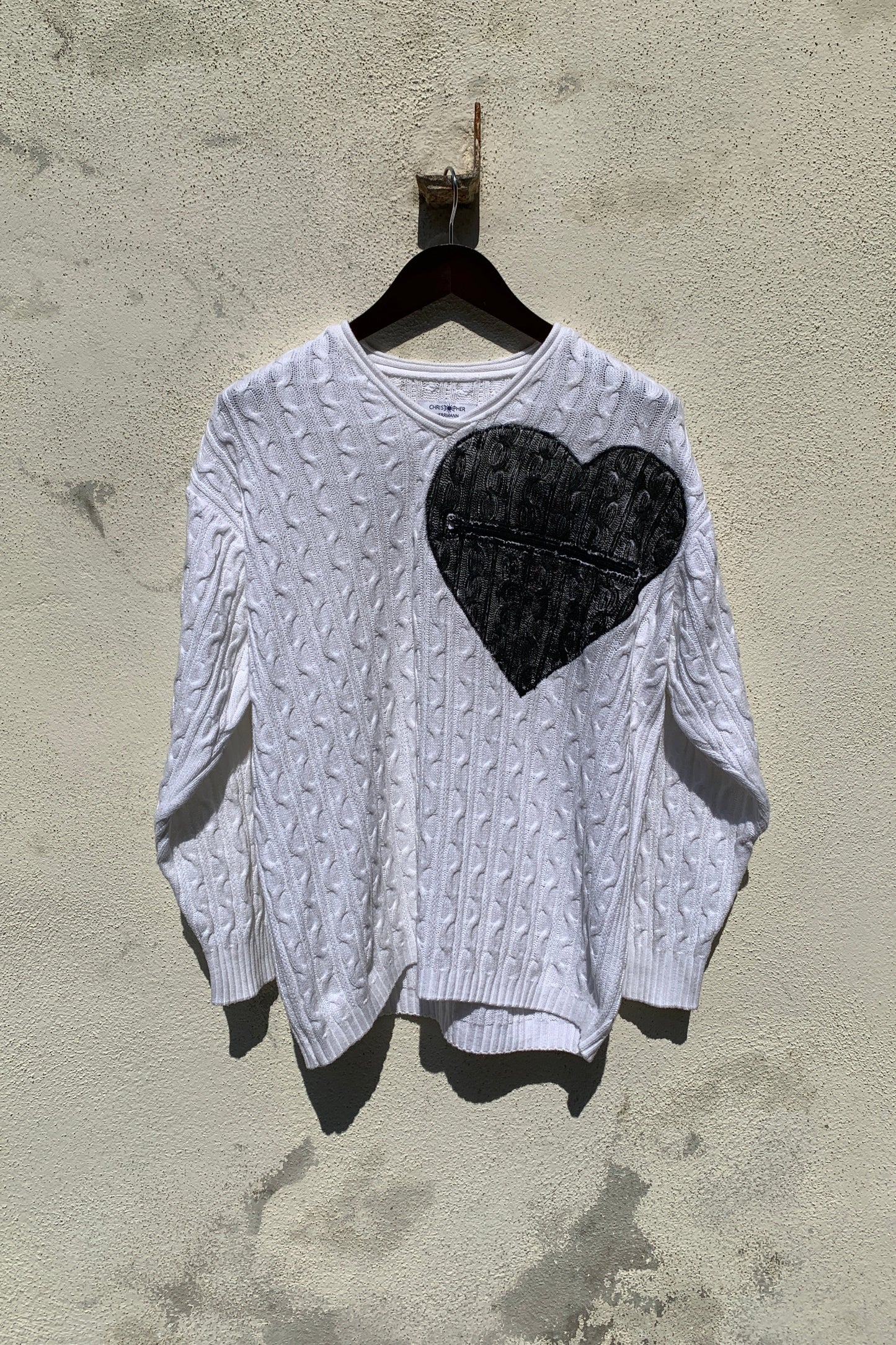 Upcycling Deep V-Neck Strickpullover Weiß M