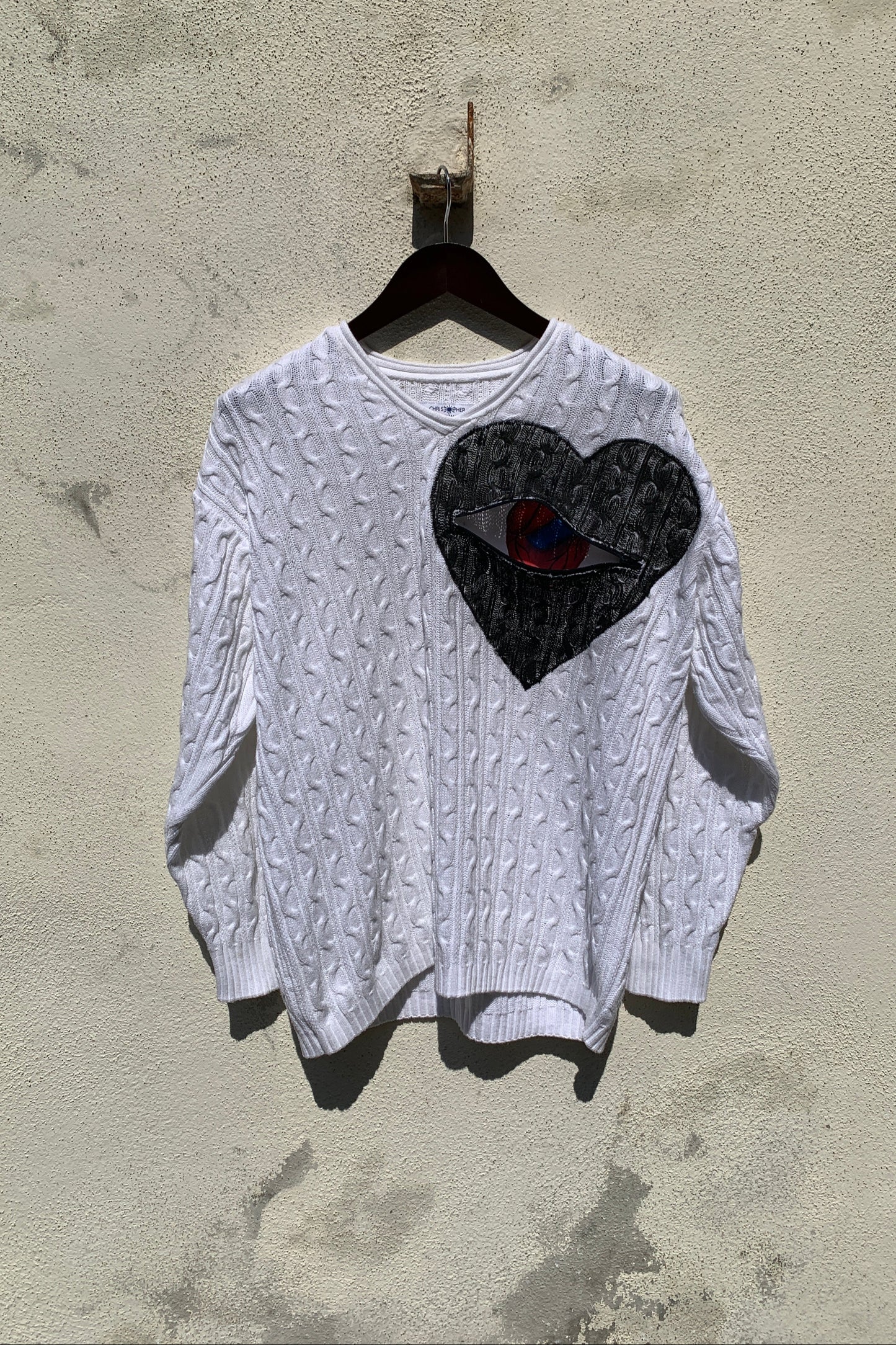 Upcycling Deep V-Neck Strickpullover Weiß M