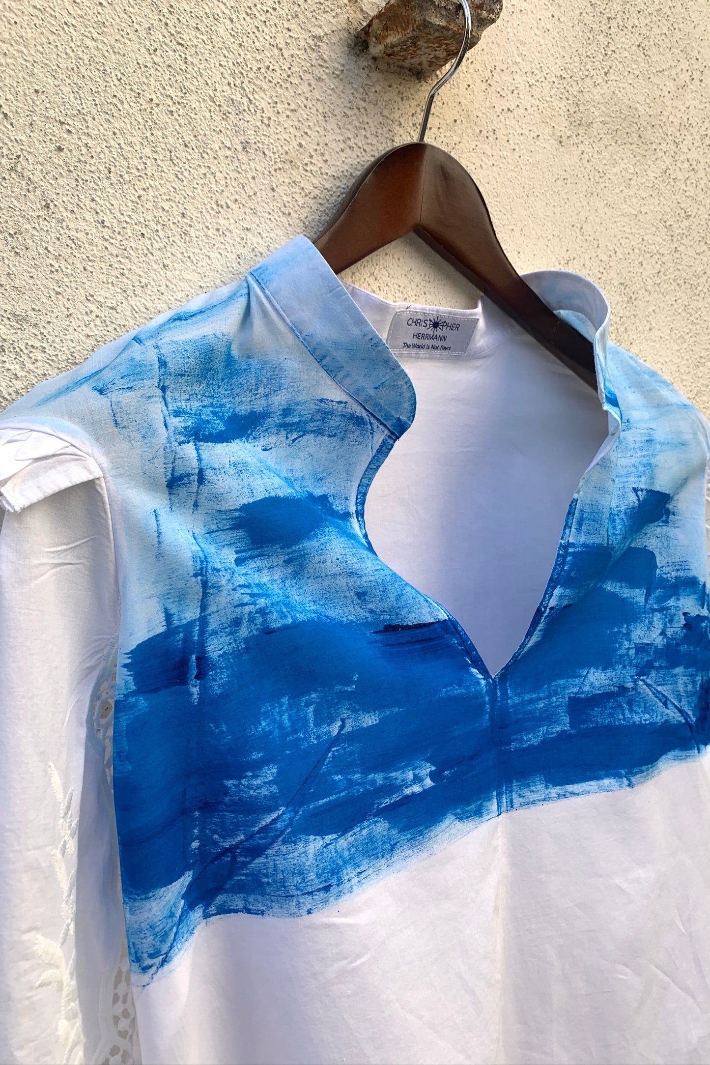 Upcycling Light Color-Chaos Spitzen Bluse Weiß Blau M