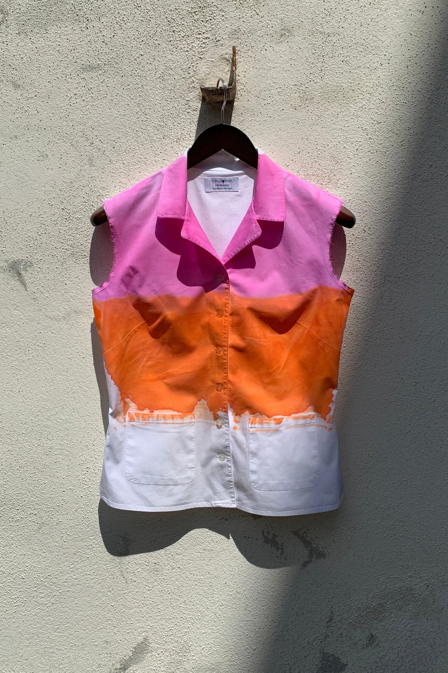 Upcycling Color-Blocking Ärmellos Bluse Weiß Pink Orange S