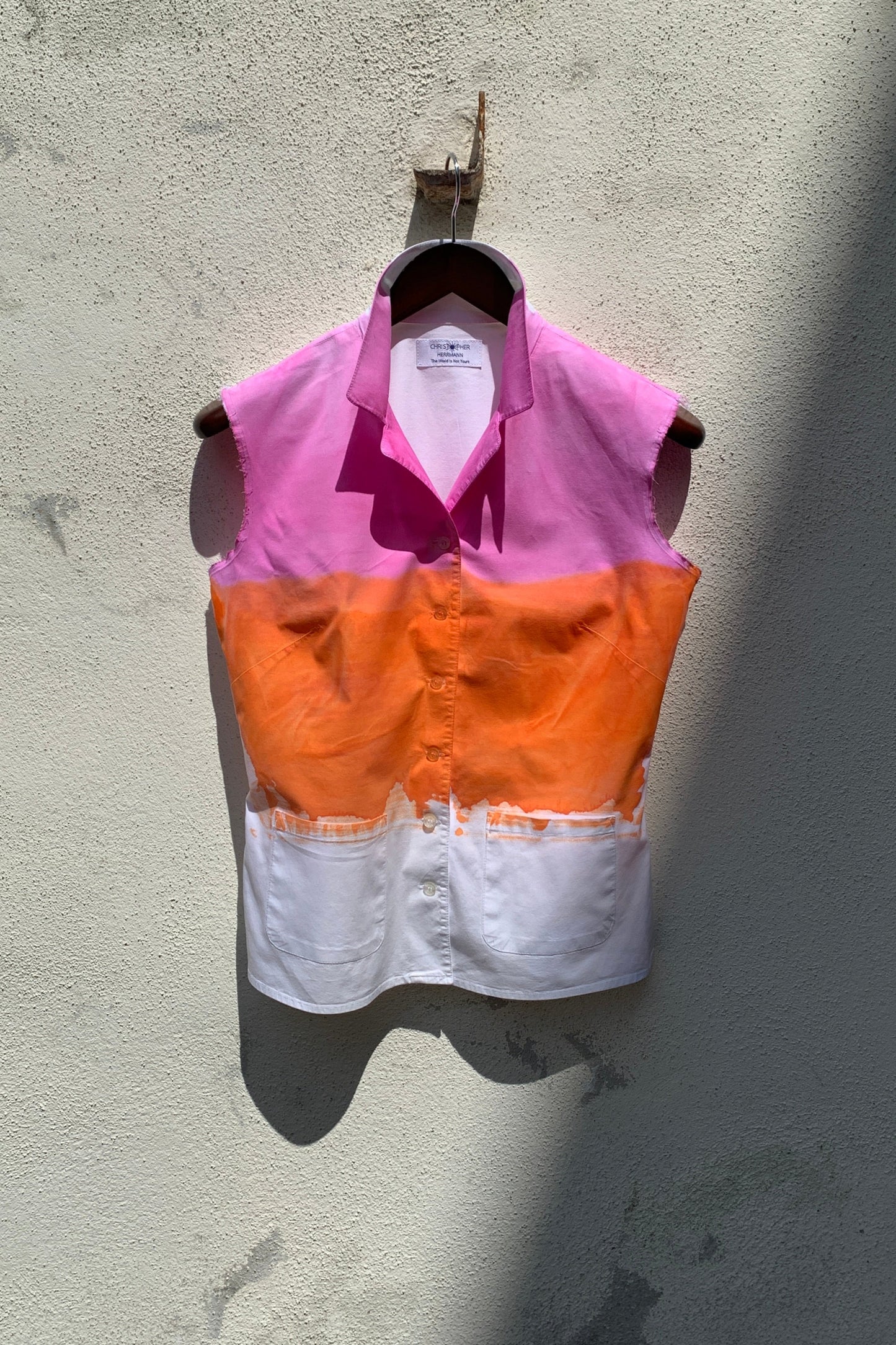 Upcycling Color-Blocking Ärmellos Bluse Weiß Pink Orange S