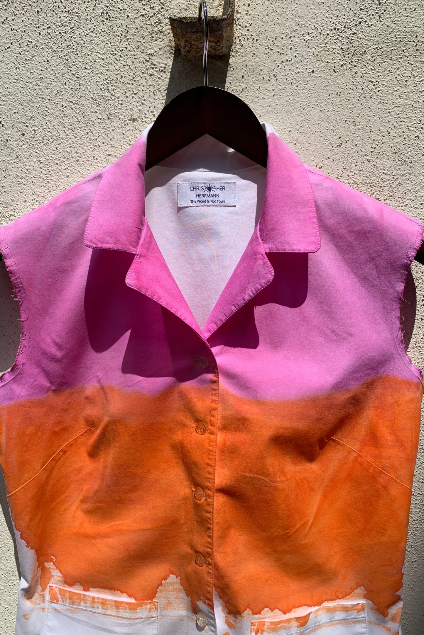 Upcycling Color-Blocking Ärmellos Bluse Weiß Pink Orange S