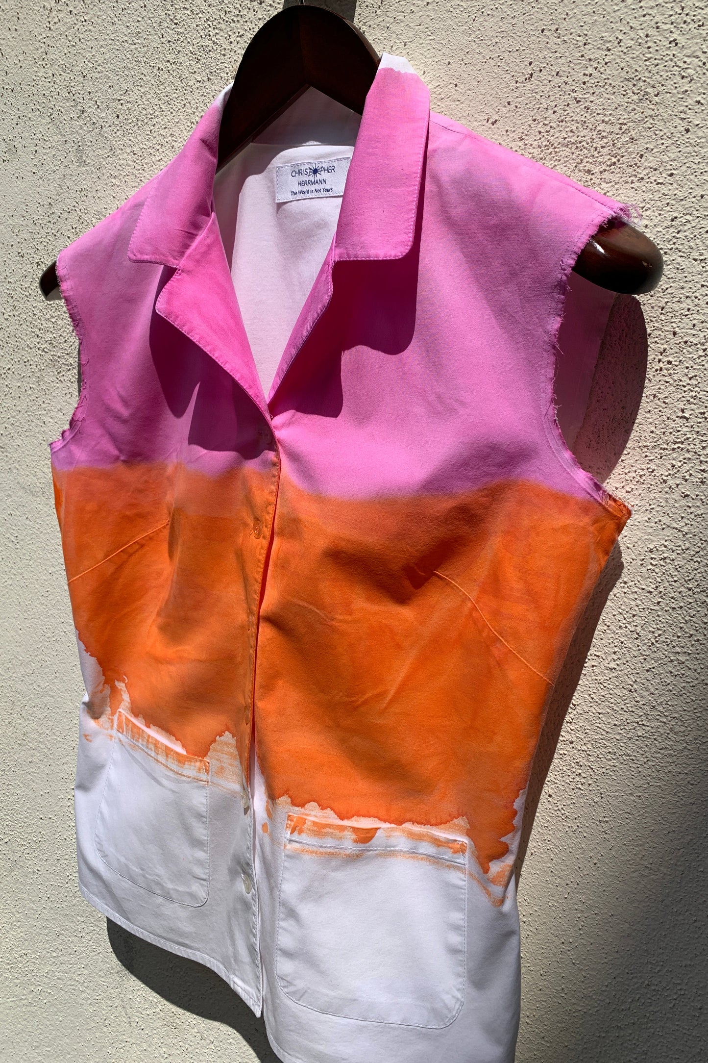 Upcycling Color-Blocking Ärmellos Bluse Weiß Pink Orange S