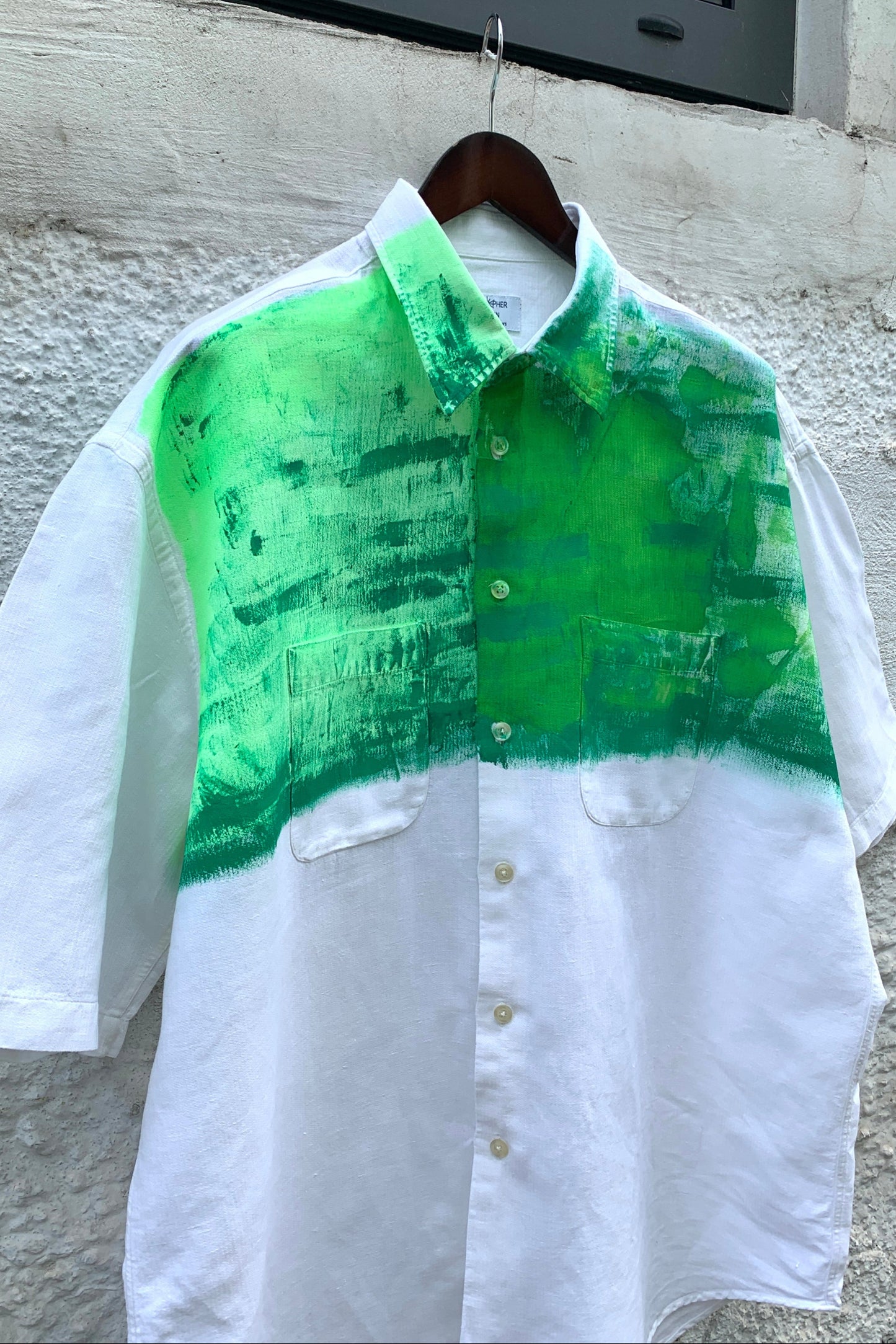 Upcycling Color-Chaos Kurzarm Hemd Weiß Grün 3XL