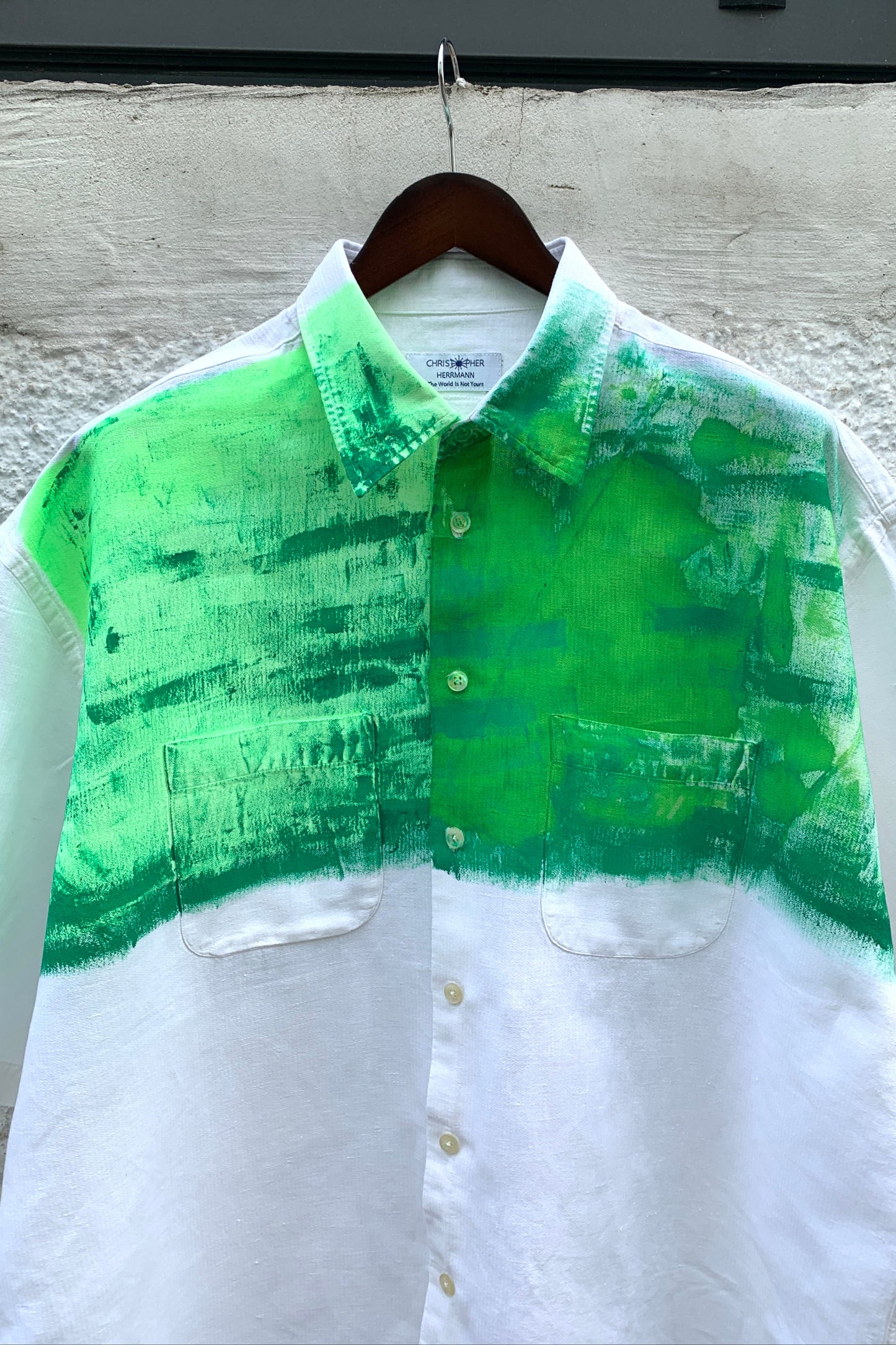 Upcycling Color-Chaos Kurzarm Hemd Weiß Grün 3XL