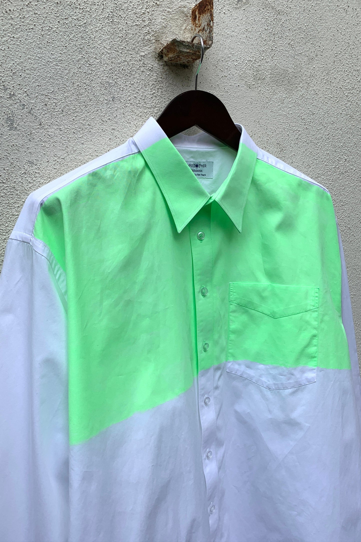 Upcycling Light Color-Blocking Hemd Weiß Neongrün 2XL