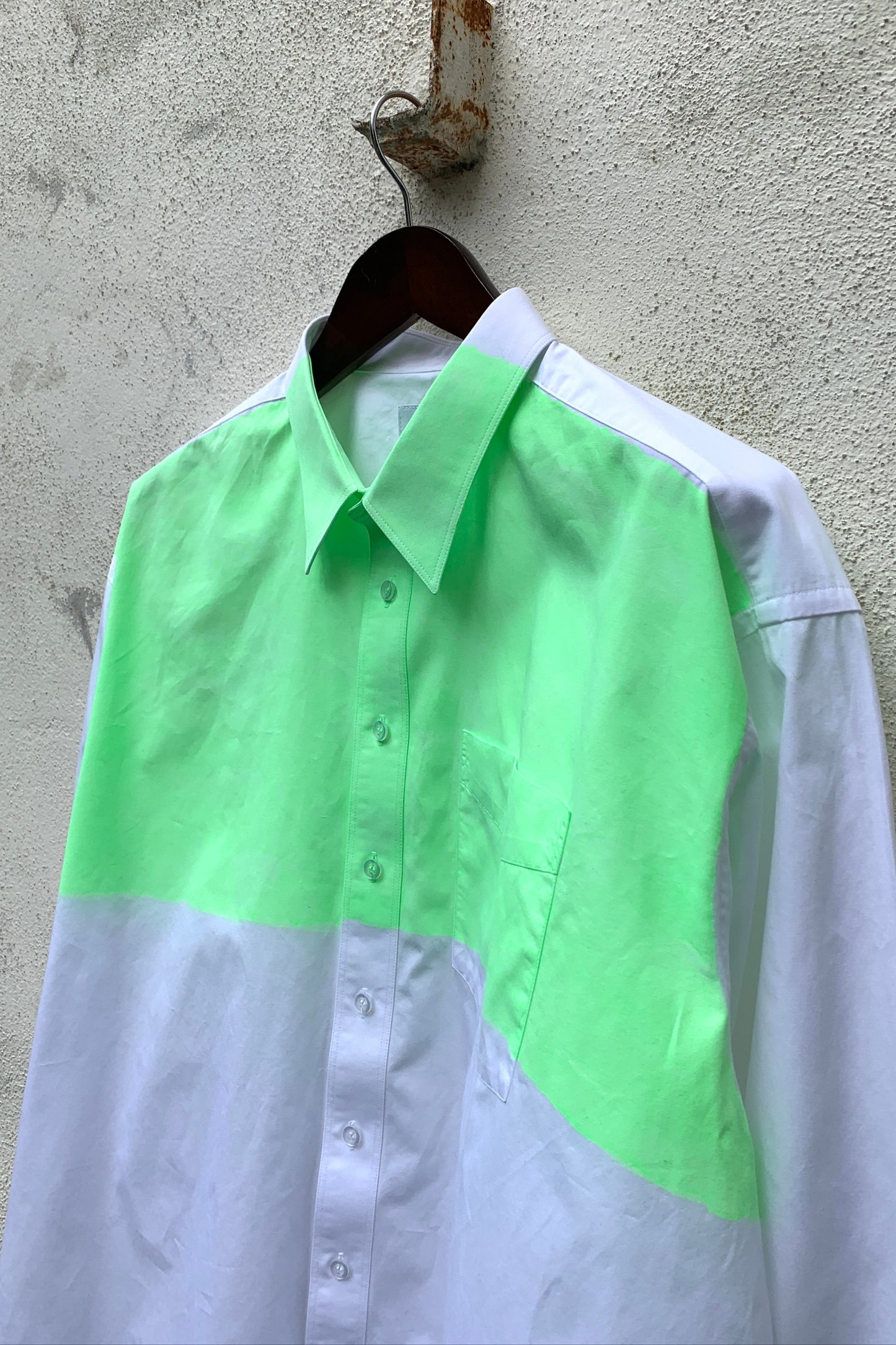 Upcycling Light Color-Blocking Hemd Weiß Neongrün 2XL