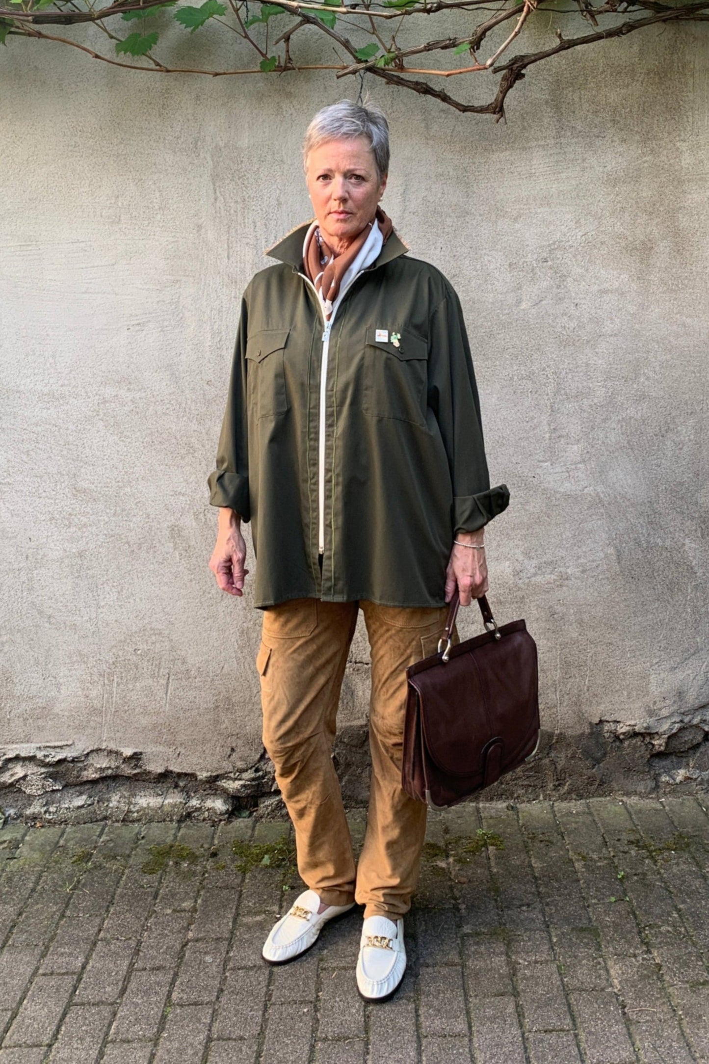 Upcycling Fransen Zip-Hemd Khaki XL