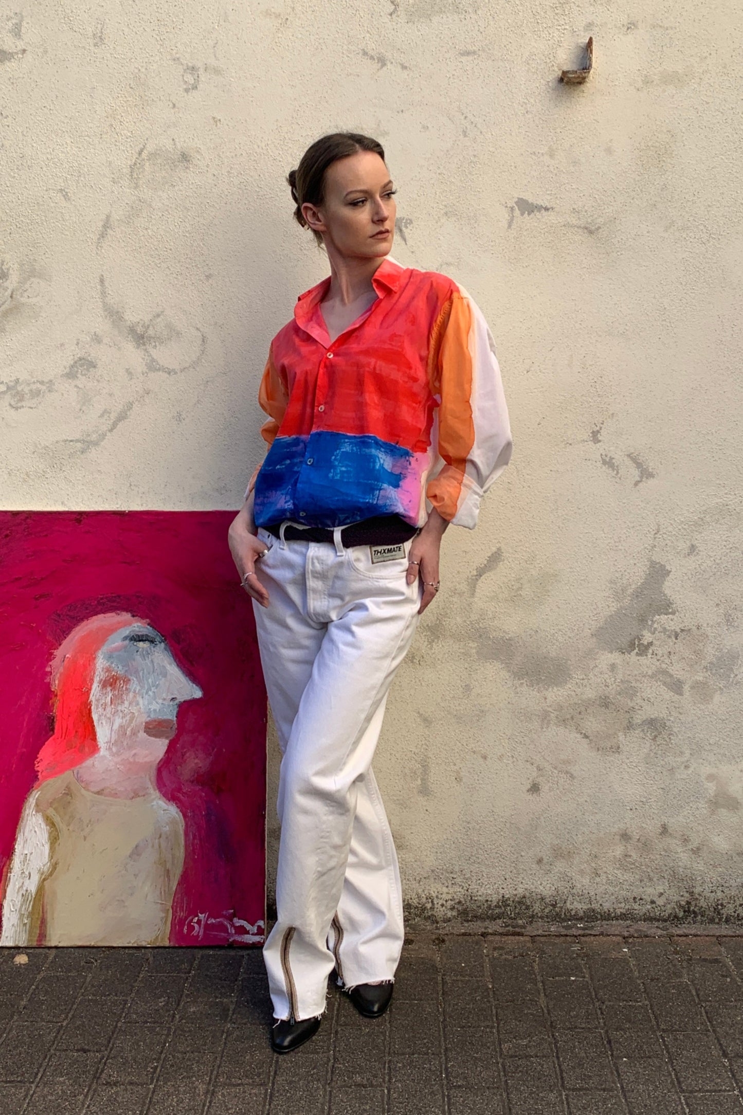 Upcycling Color-Chaos Hemd Rot Blau Orange M