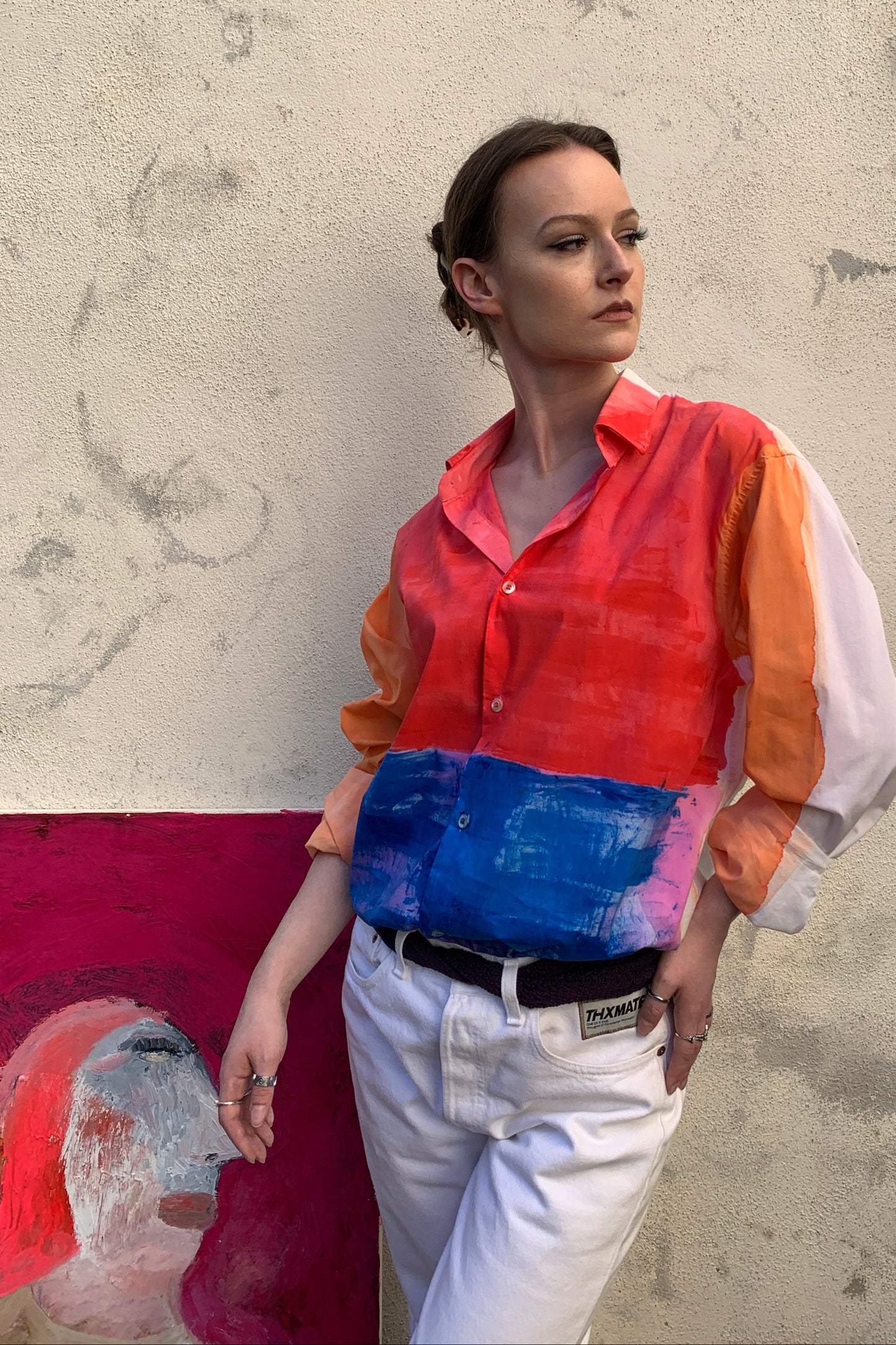 Upcycling Color-Chaos Hemd Rot Blau Orange M