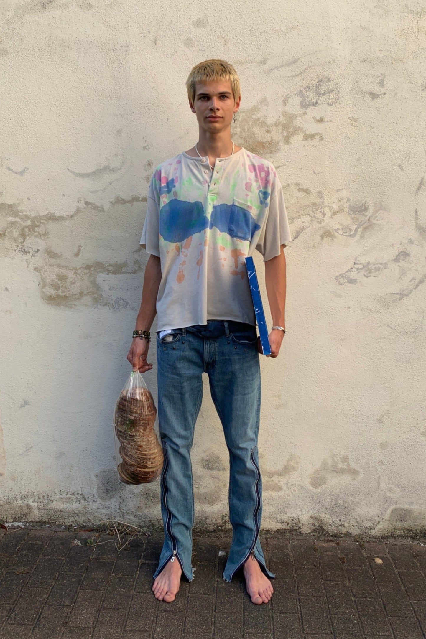 Upcycling Color-Chaos T-Shirt Blau Pink Beige XXL