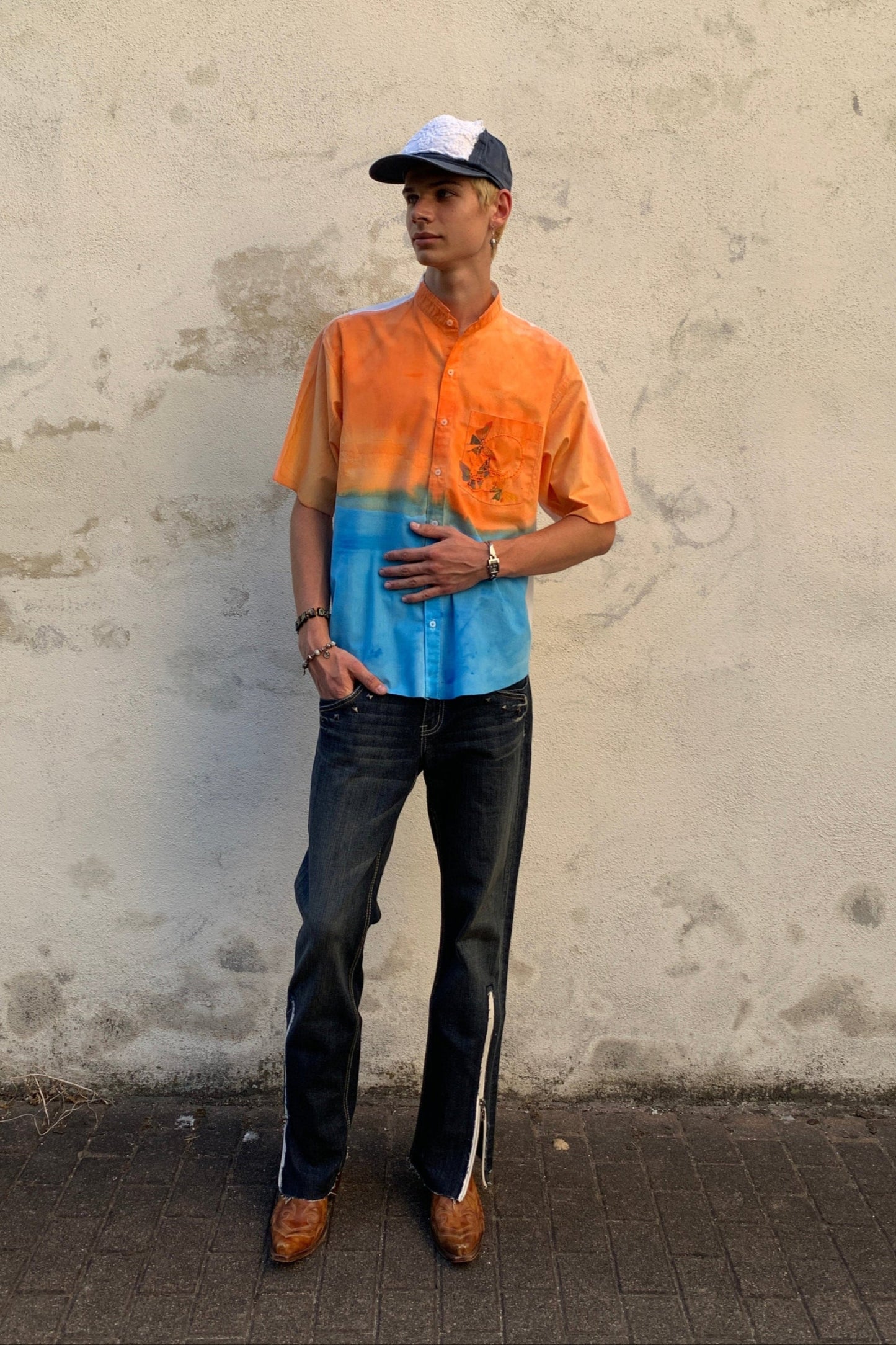 Upcycling Color-Chaos Kurzarm Hemd Orange Blau M
