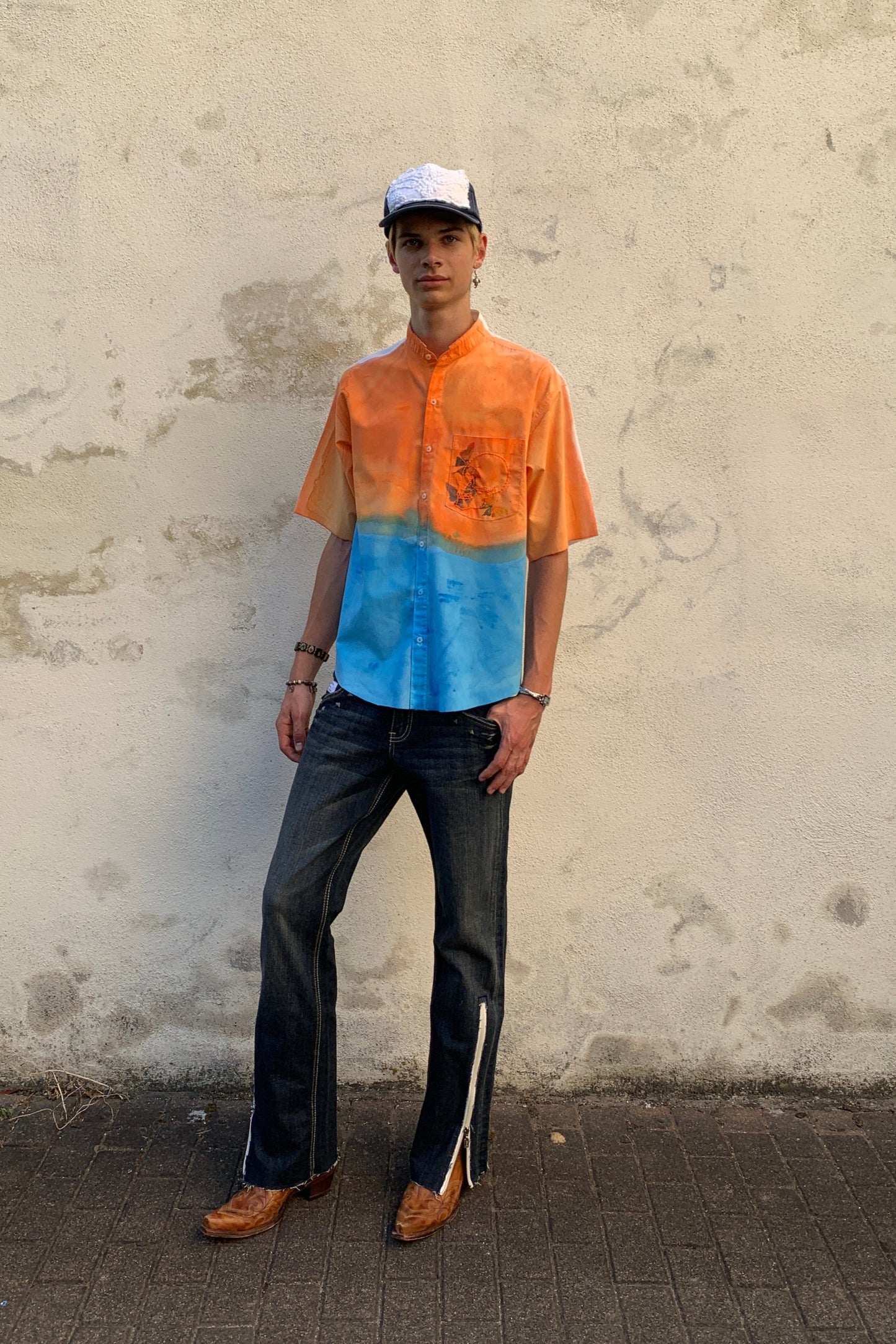 Upcycling Color-Chaos Kurzarm Hemd Orange Blau M