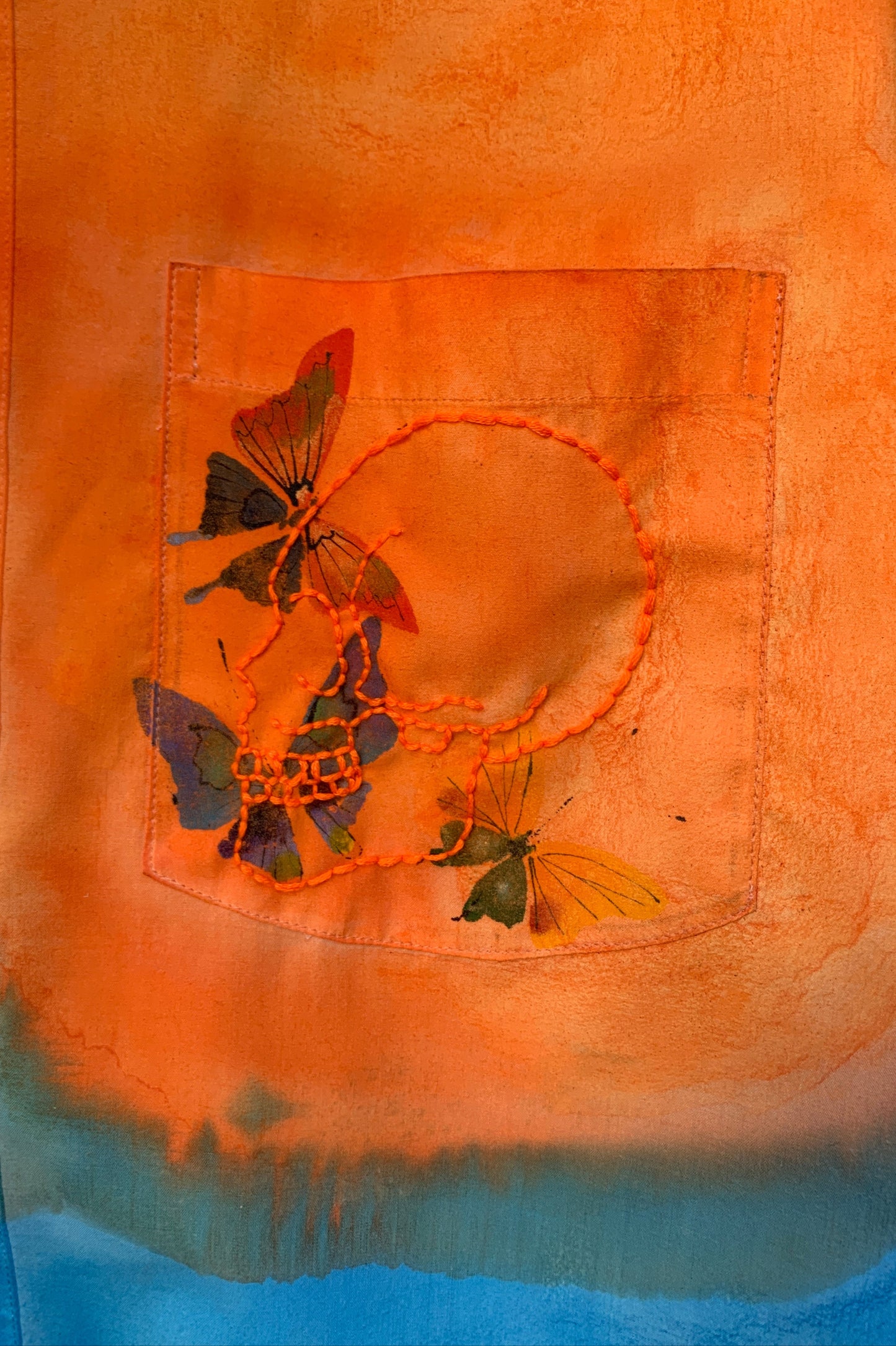 Upcycling Color-Chaos Kurzarm Hemd Orange Blau M
