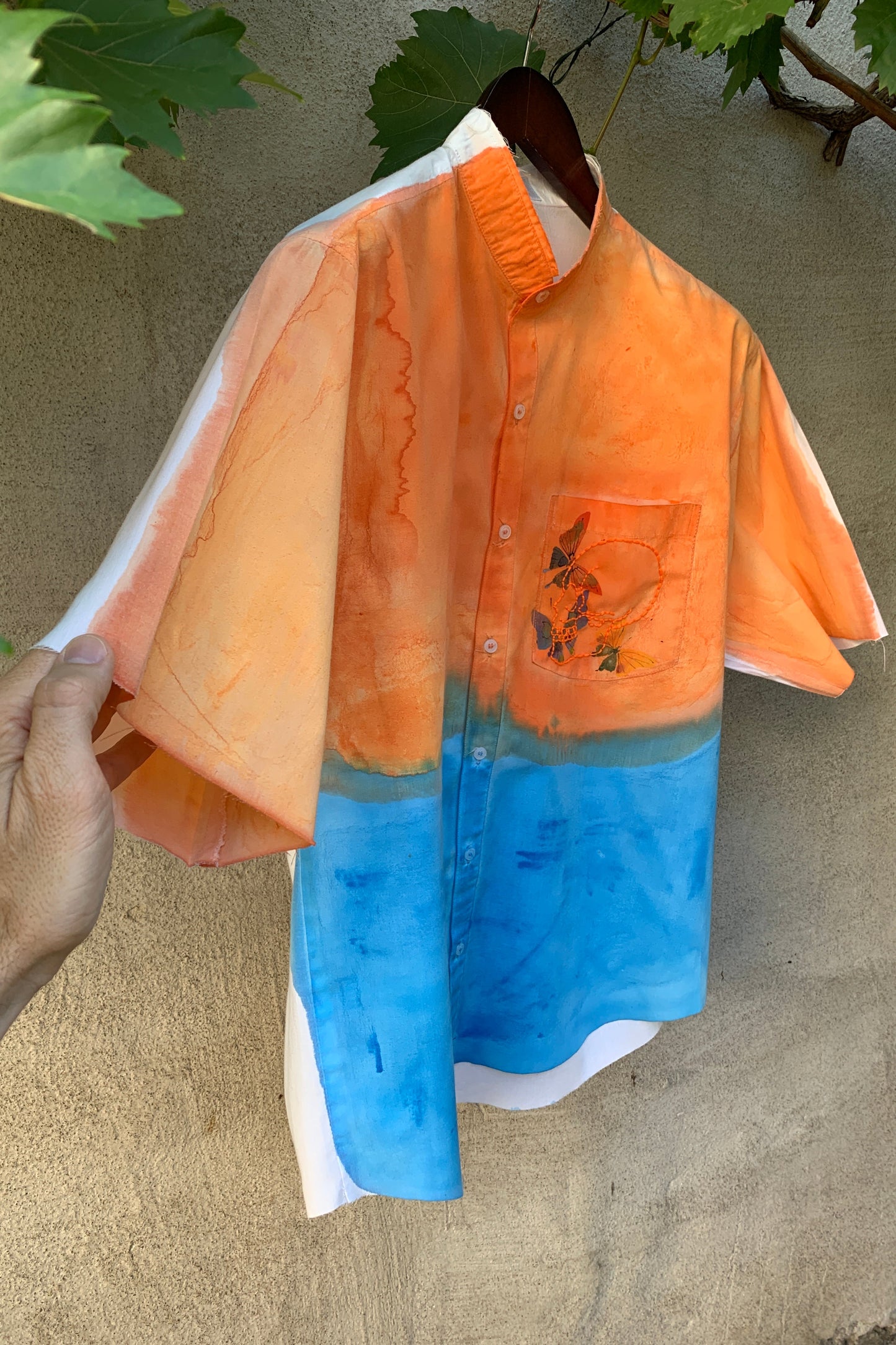 Upcycling Color-Chaos Kurzarm Hemd Orange Blau M