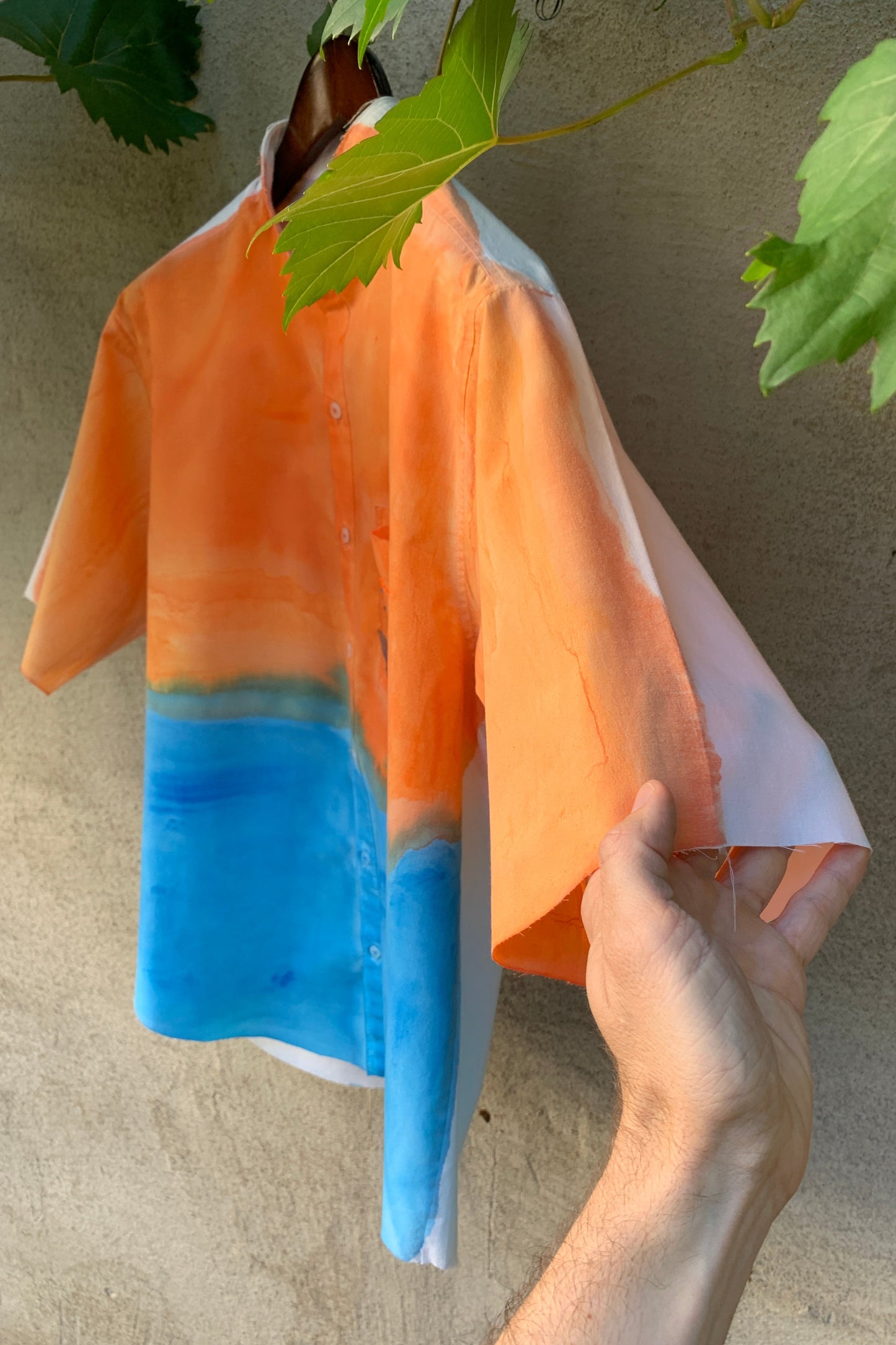 Upcycling Color-Chaos Kurzarm Hemd Orange Blau M