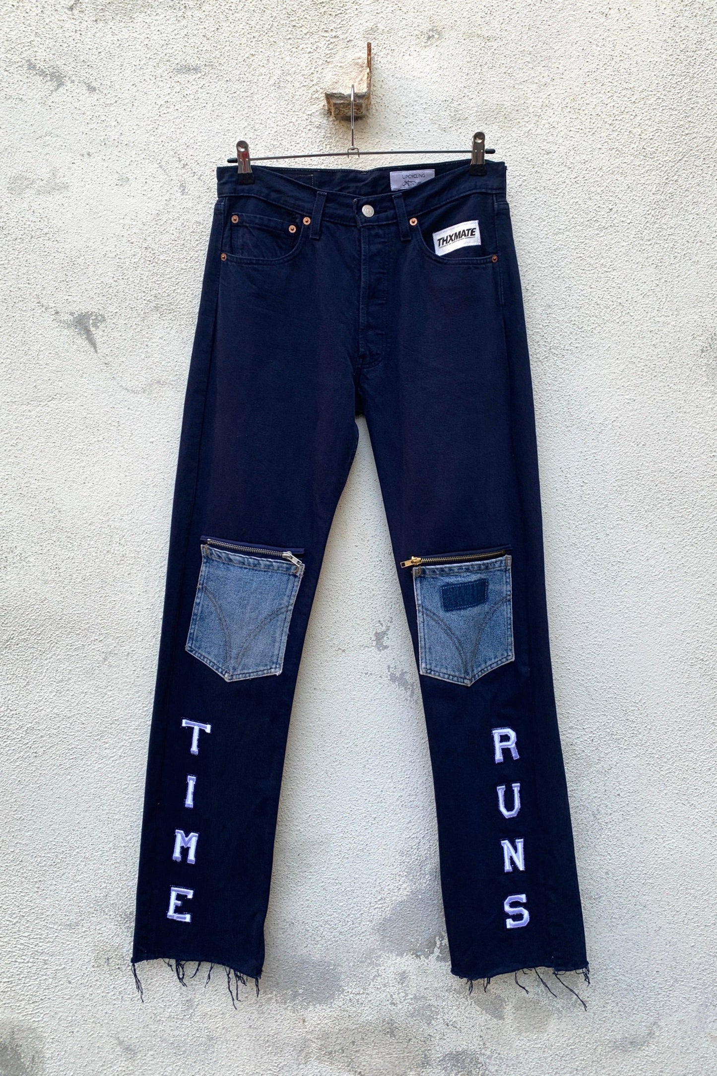 Upcycling Time Runs Biker Jeans Dunkelblau W31 L34