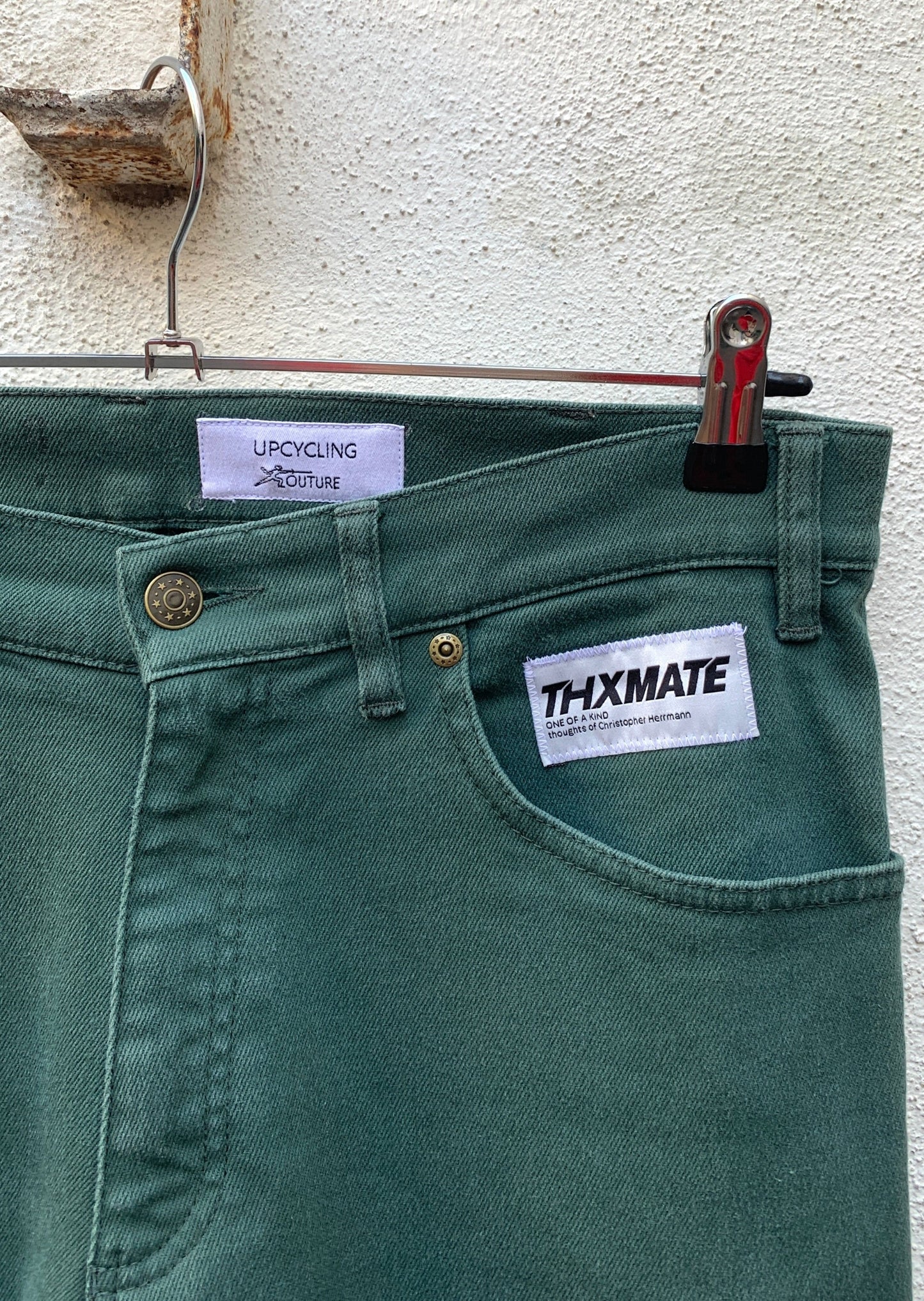 Upcycling Time Runs Biker Jeans Dunkelgrün W32 L32