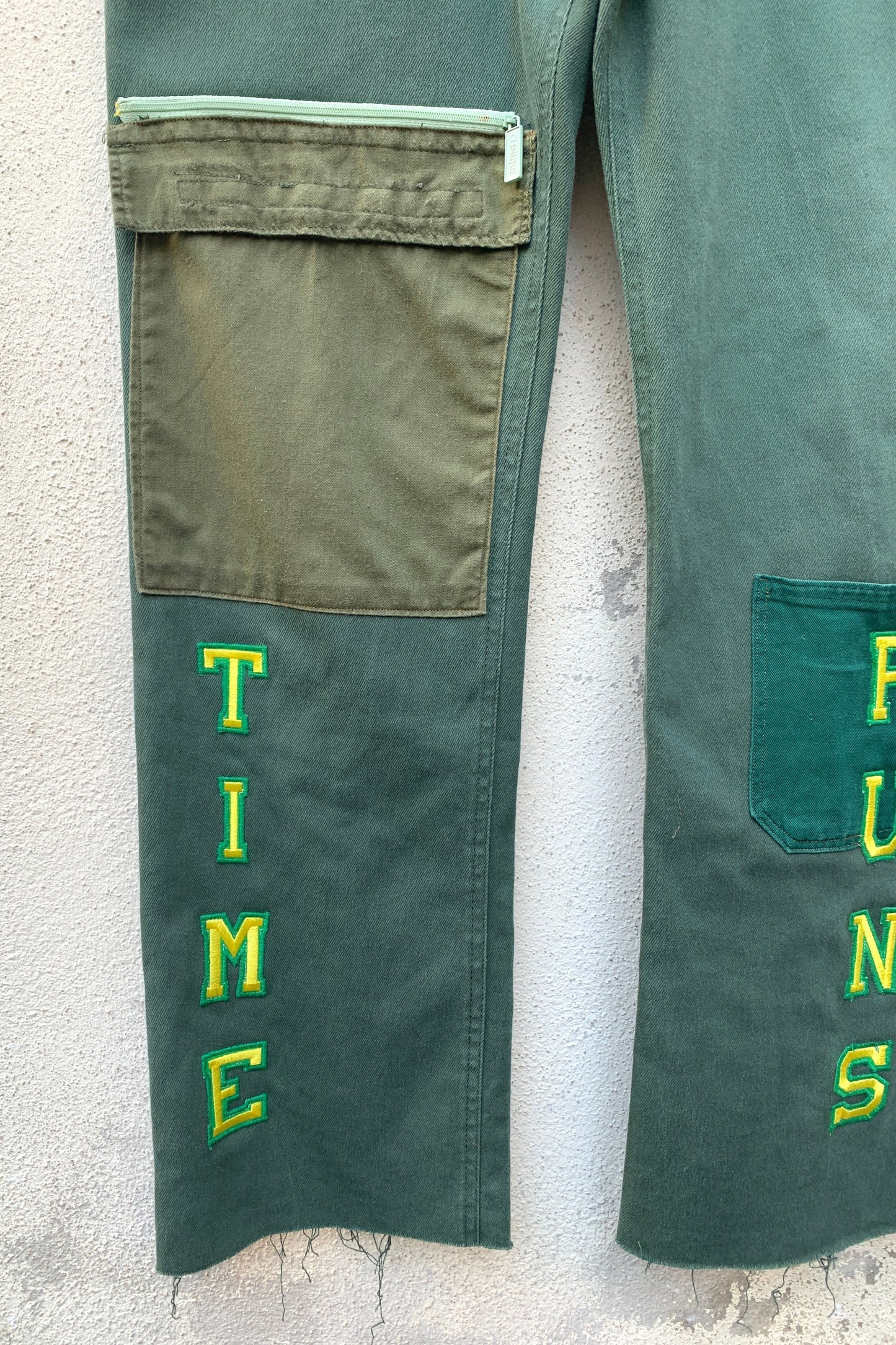 Upcycling Time Runs Biker Jeans Dunkelgrün W32 L32