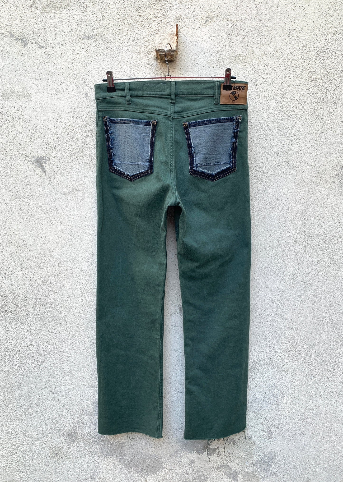 Upcycling Time Runs Biker Jeans Dunkelgrün W32 L32