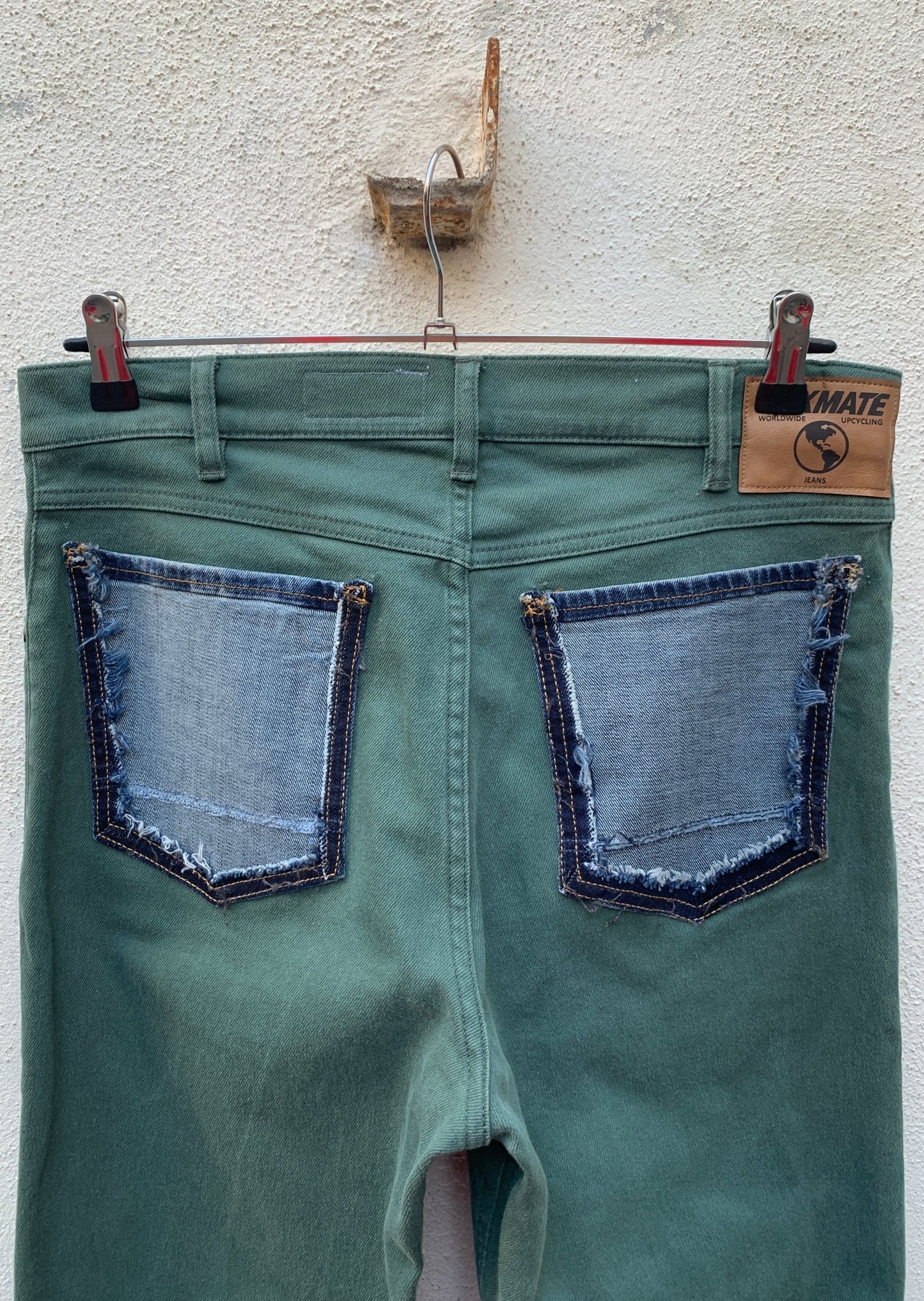 Upcycling Time Runs Biker Jeans Dunkelgrün W32 L32