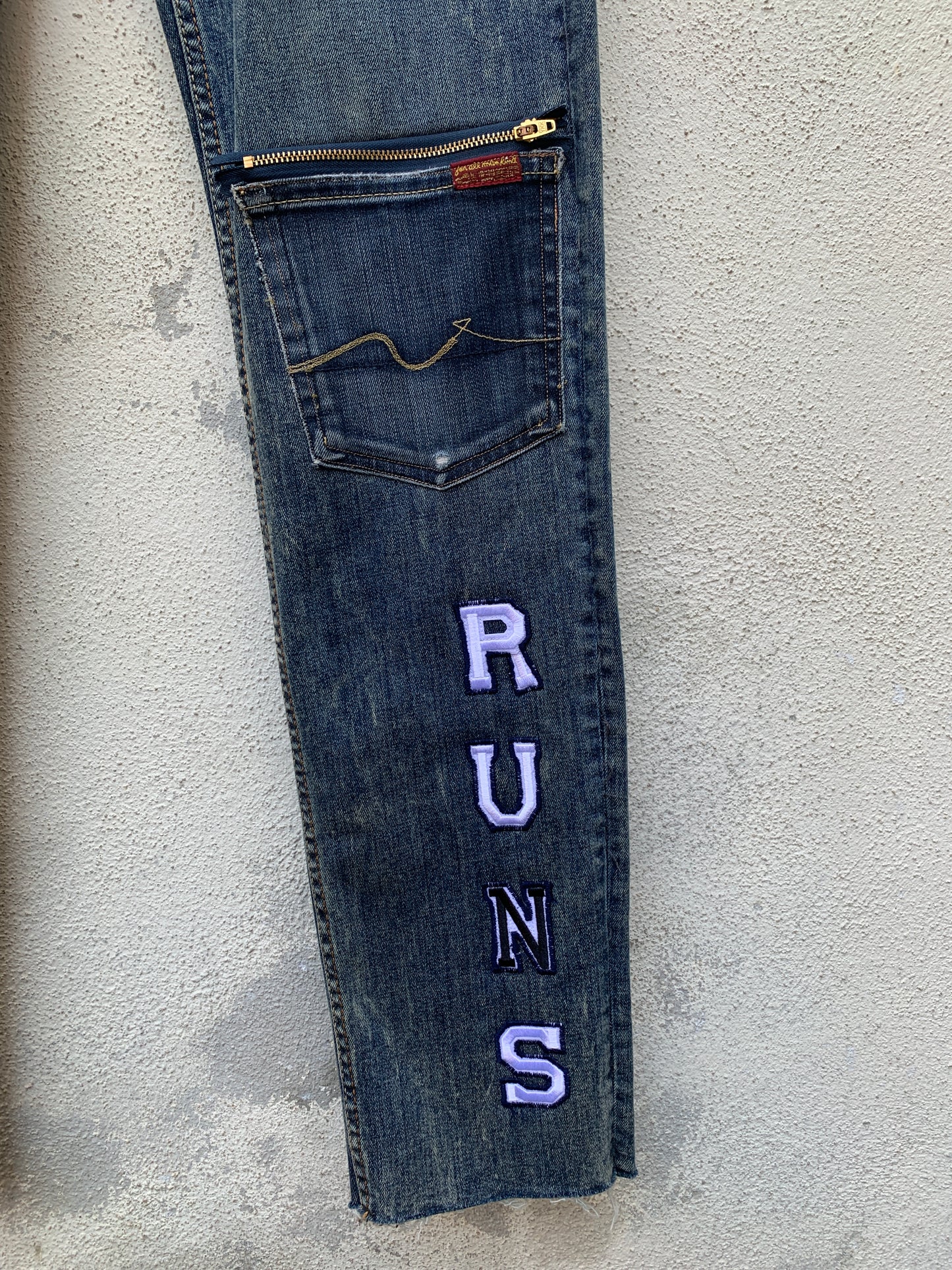 Upcycling Time Runs Biker Jeans Blau W31 L36