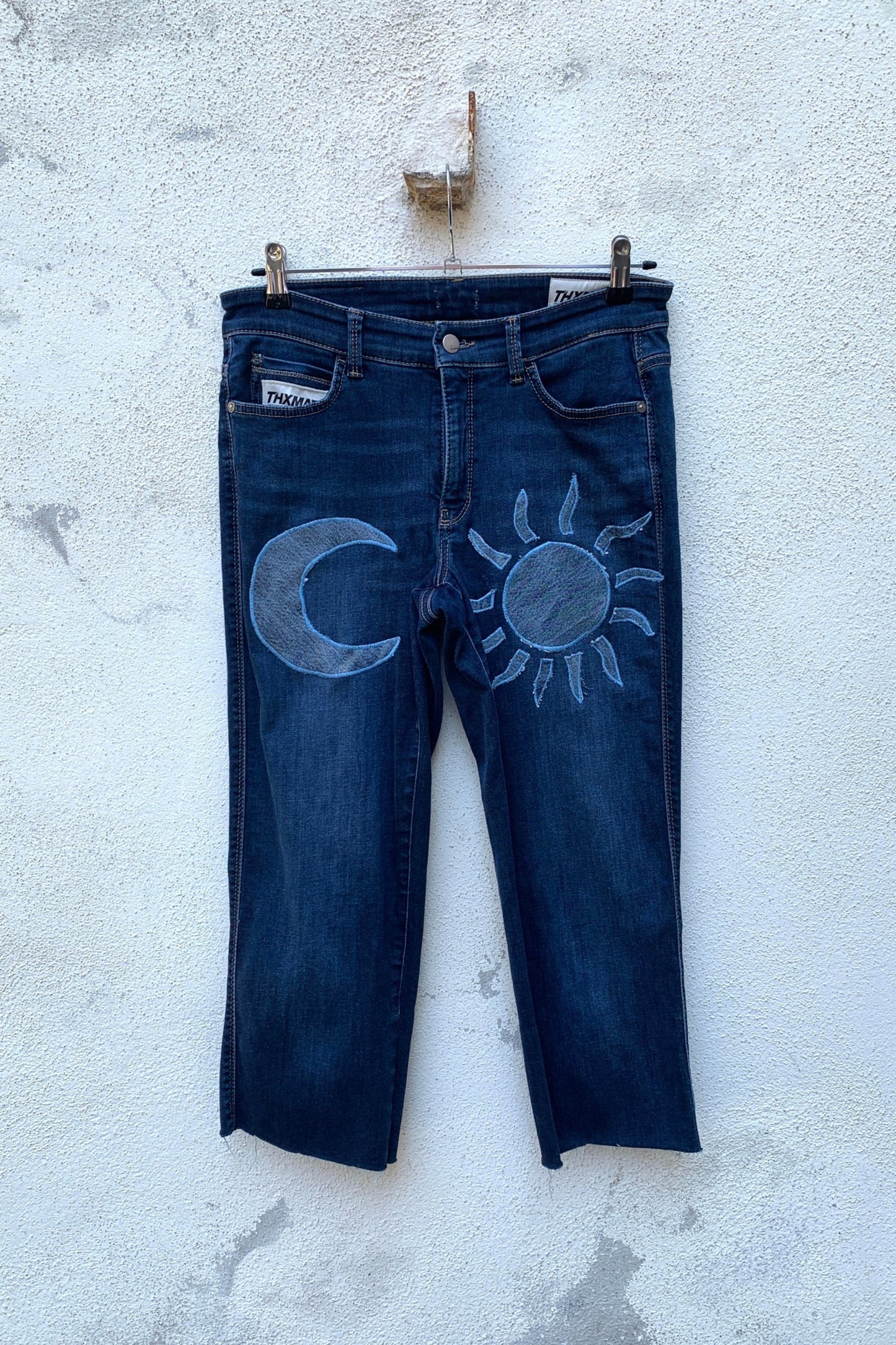 Upcycling Sonne & Mond Dreiviertel Jeans Dunkelblau 28