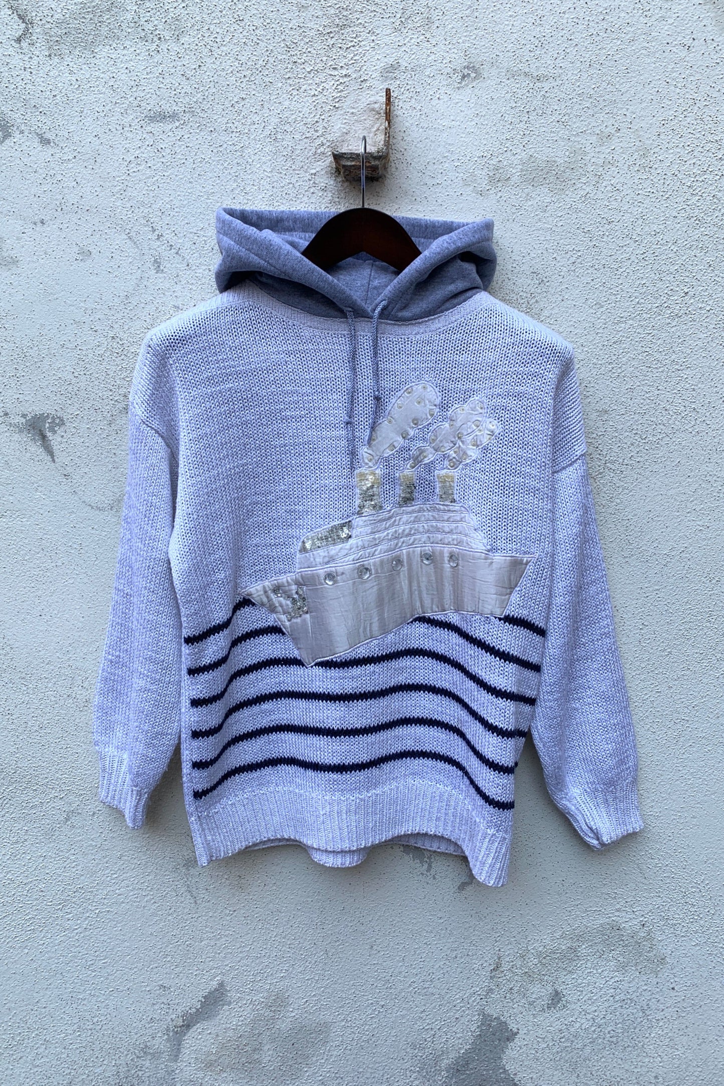 Upcycling Vintage Strick Hoodie Weiß M