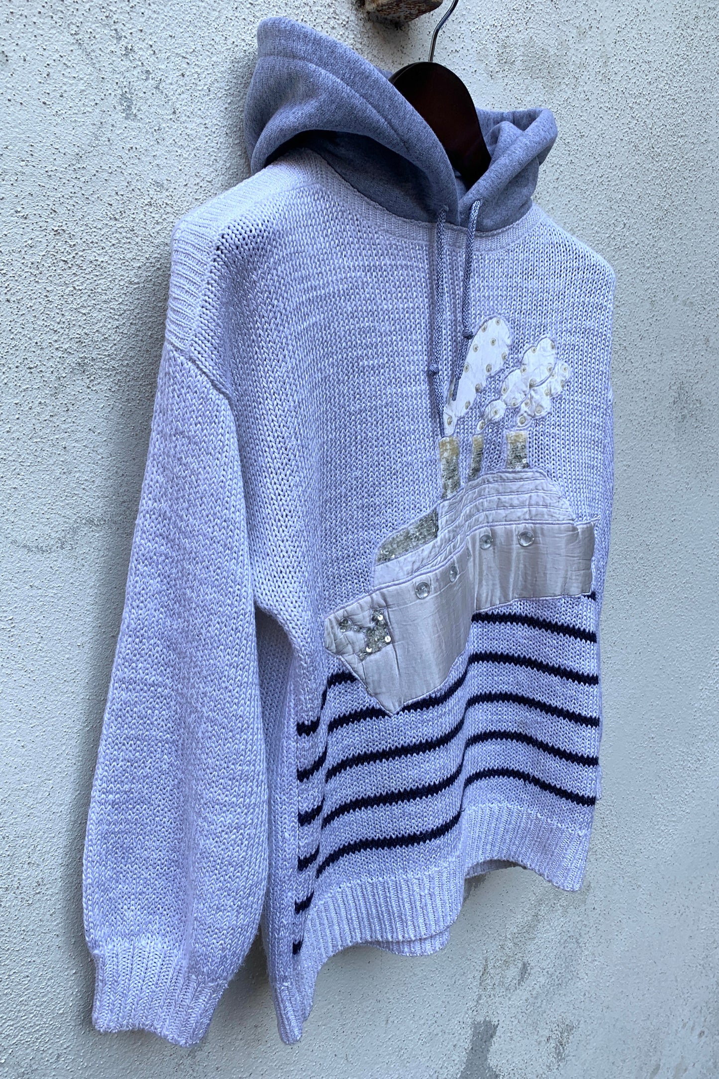 Upcycling Vintage Strick Hoodie Weiß M