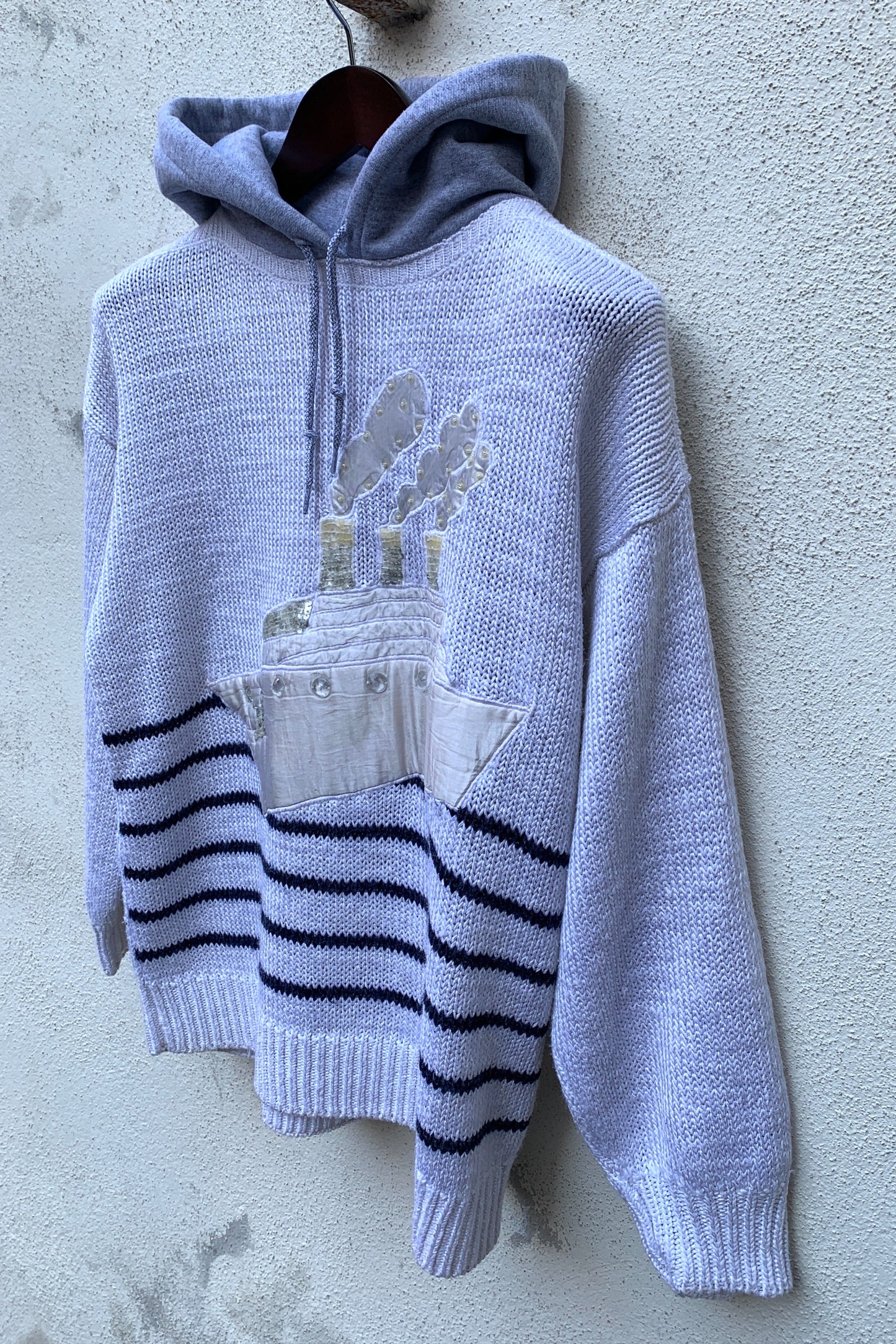 Upcycling Vintage Strick Hoodie Weiß M