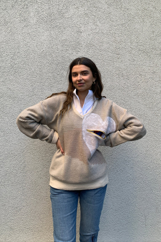 Upcycling Deep V-Neck Strickpullover Beige L
