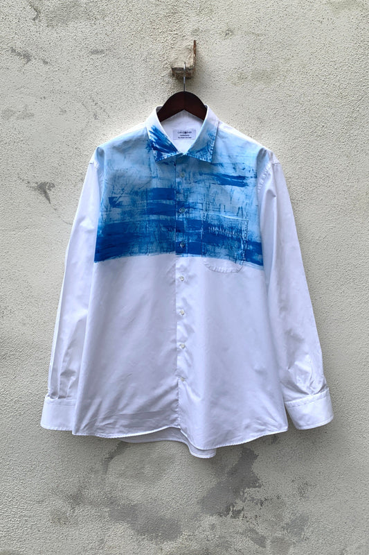Upcycling Color-Chaos Hemd Weiß Blau XL