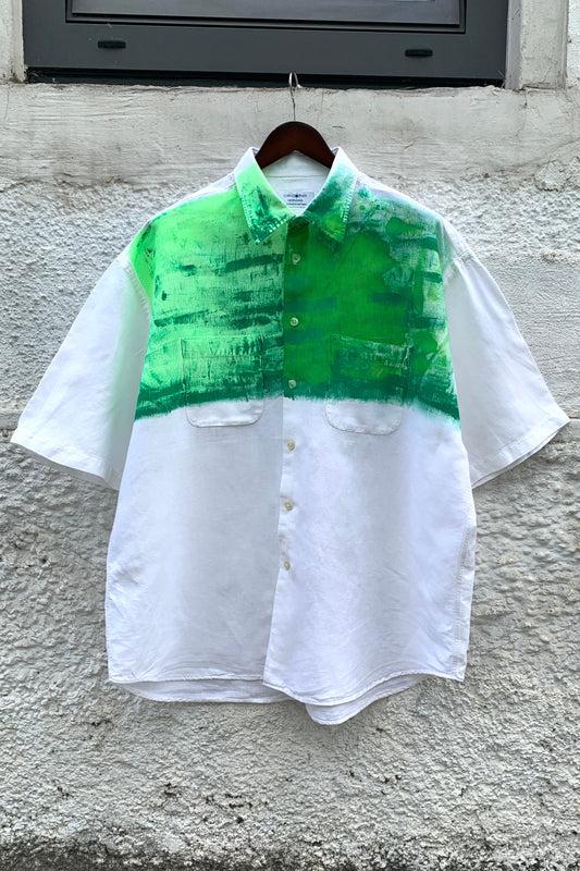 Upcycling Color-Chaos Kurzarm Hemd Weiß Grün 3XL
