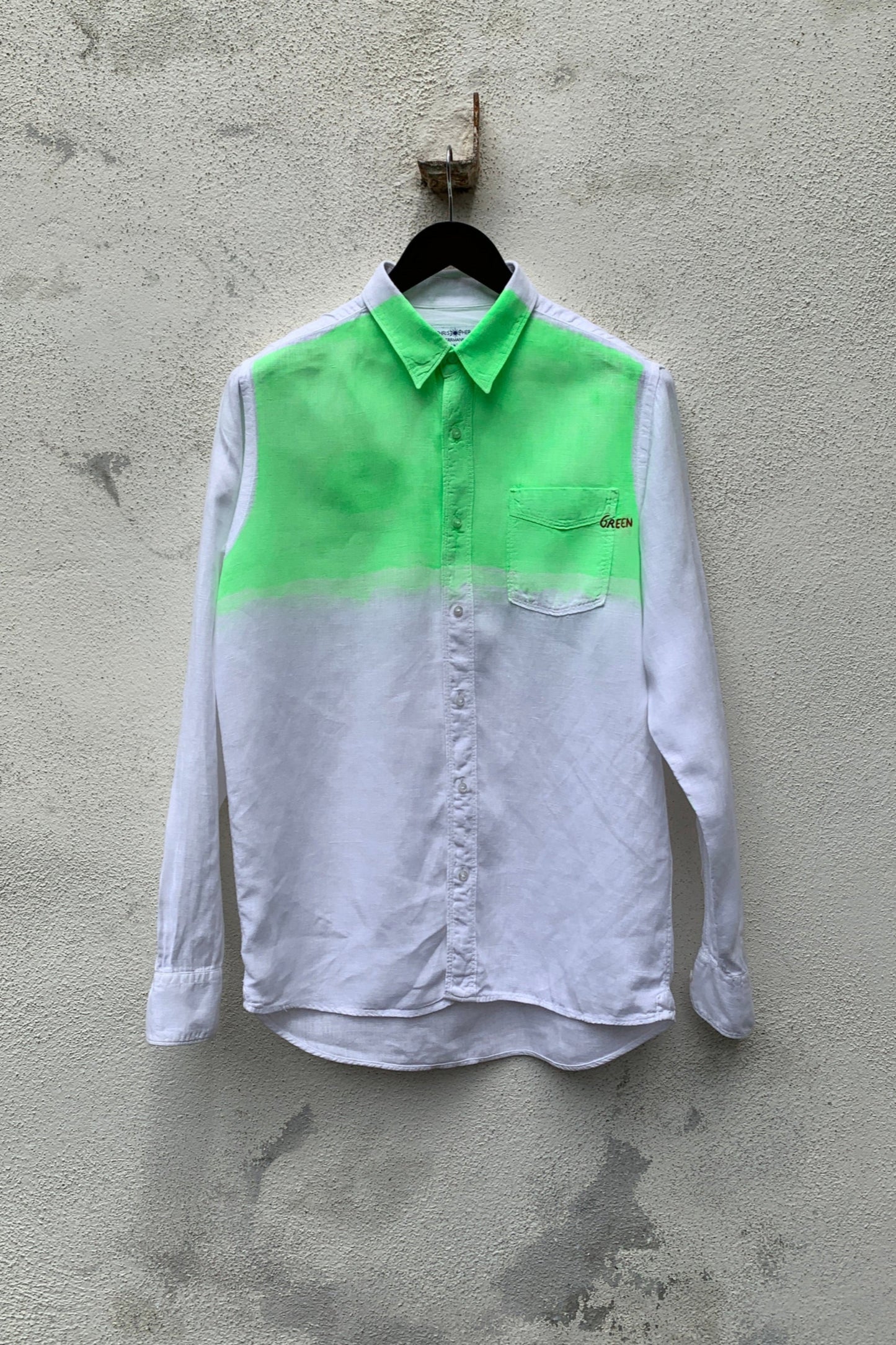 Upcycling Light Color-Blocking Leinenhemd Weiß Neongrün M