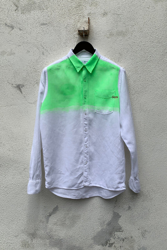 Upcycling Light Color-Blocking Leinenhemd Weiß Neongrün M