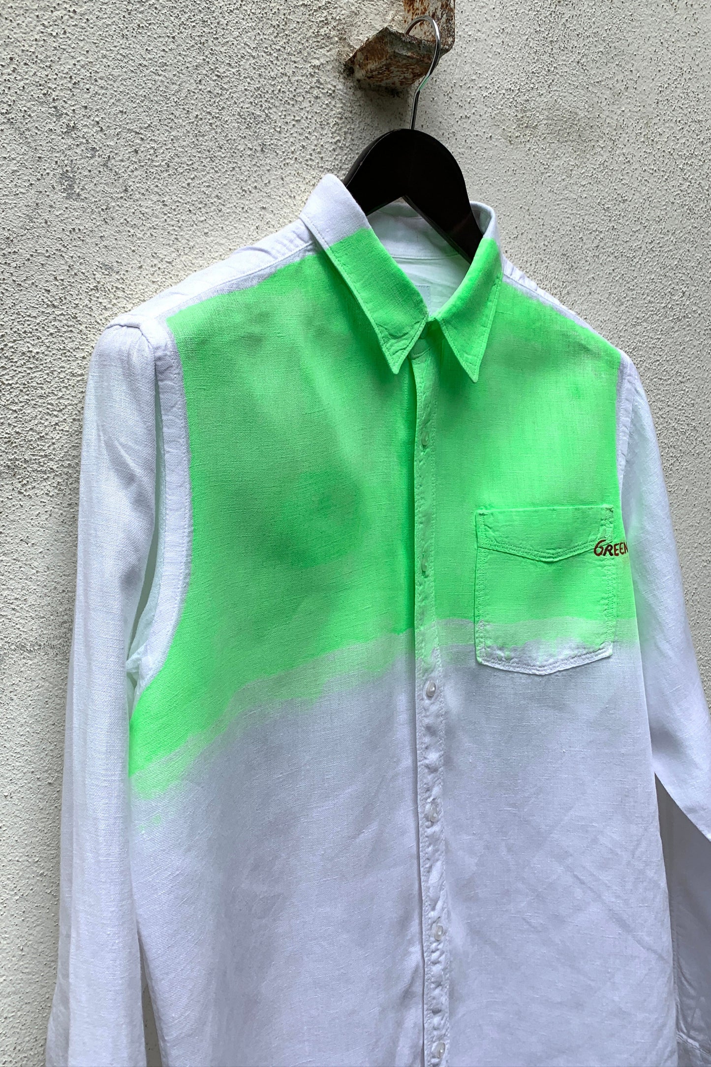Upcycling Light Color-Blocking Leinenhemd Weiß Neongrün M