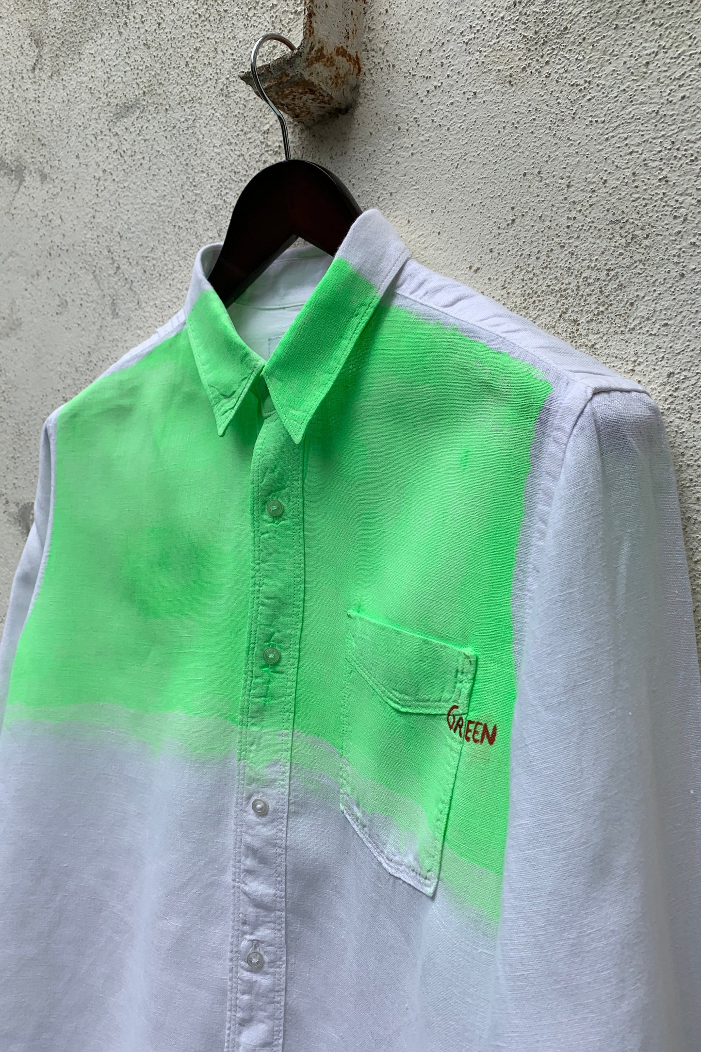 Upcycling Light Color-Blocking Leinenhemd Weiß Neongrün M