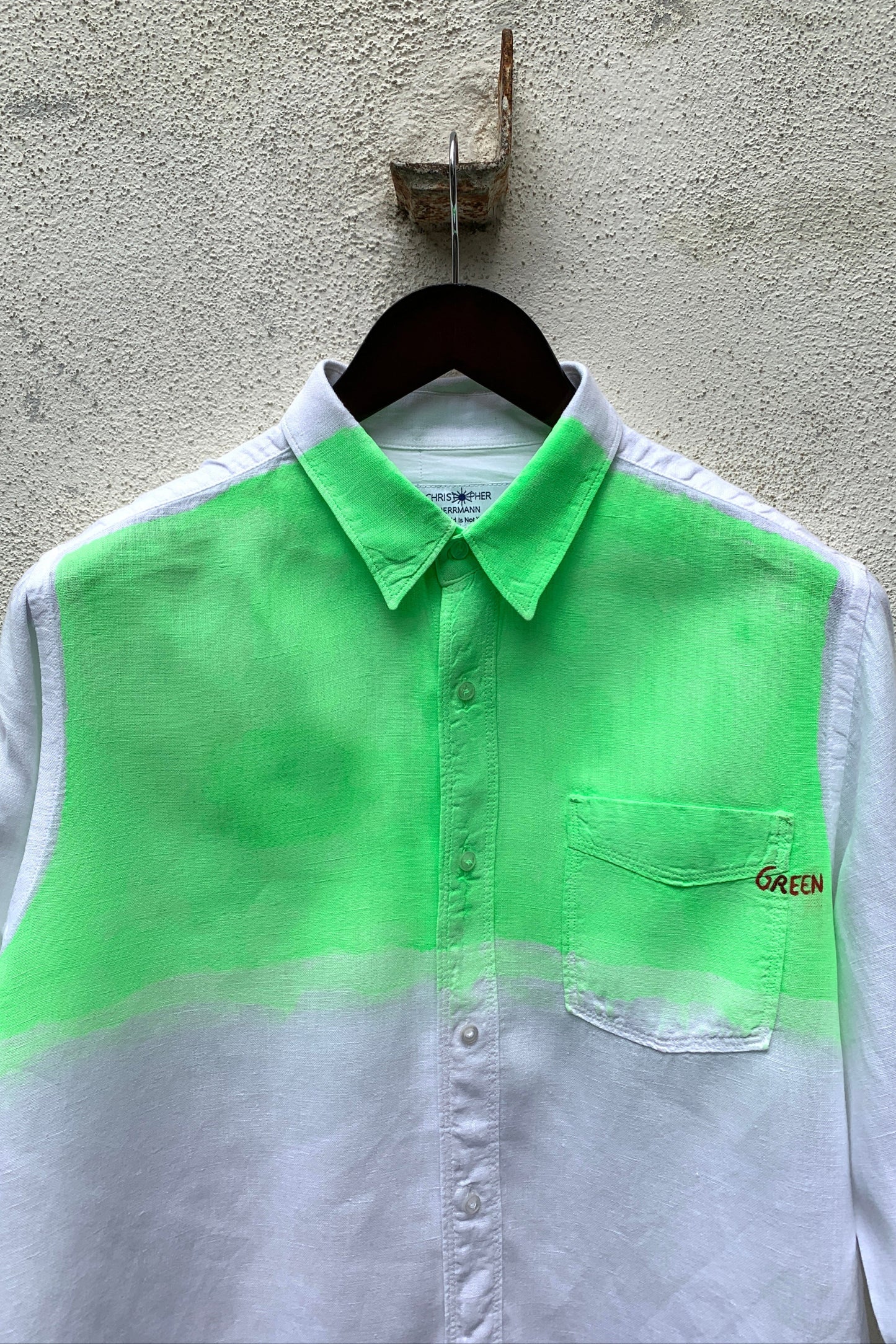 Upcycling Light Color-Blocking Leinenhemd Weiß Neongrün M