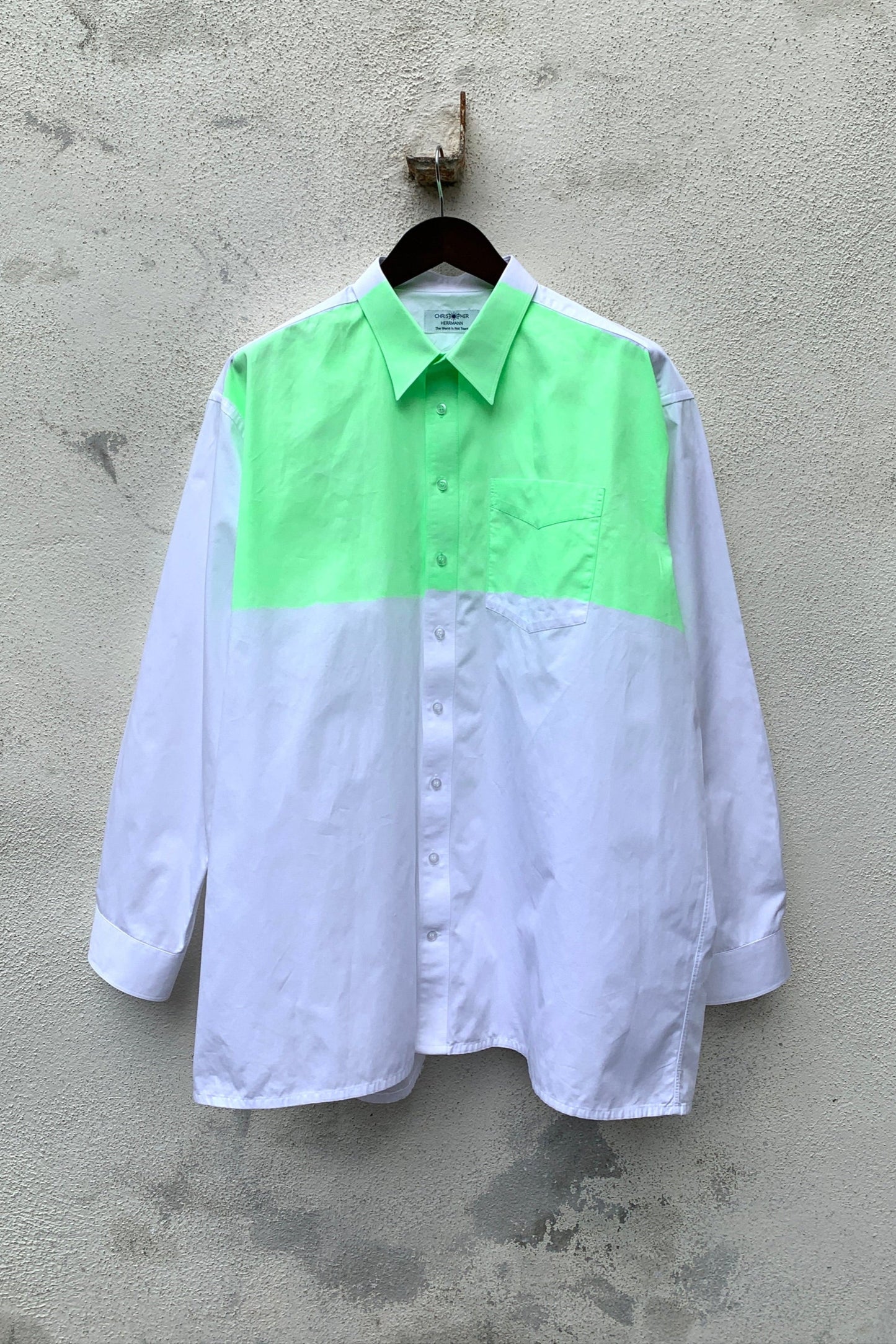 Upcycling Light Color-Blocking Hemd Weiß Neongrün 2XL