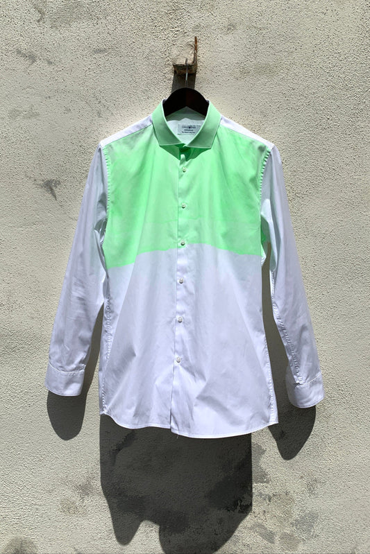 Upcycling Light Color-Blocking Hemd Weiß Neongrün L