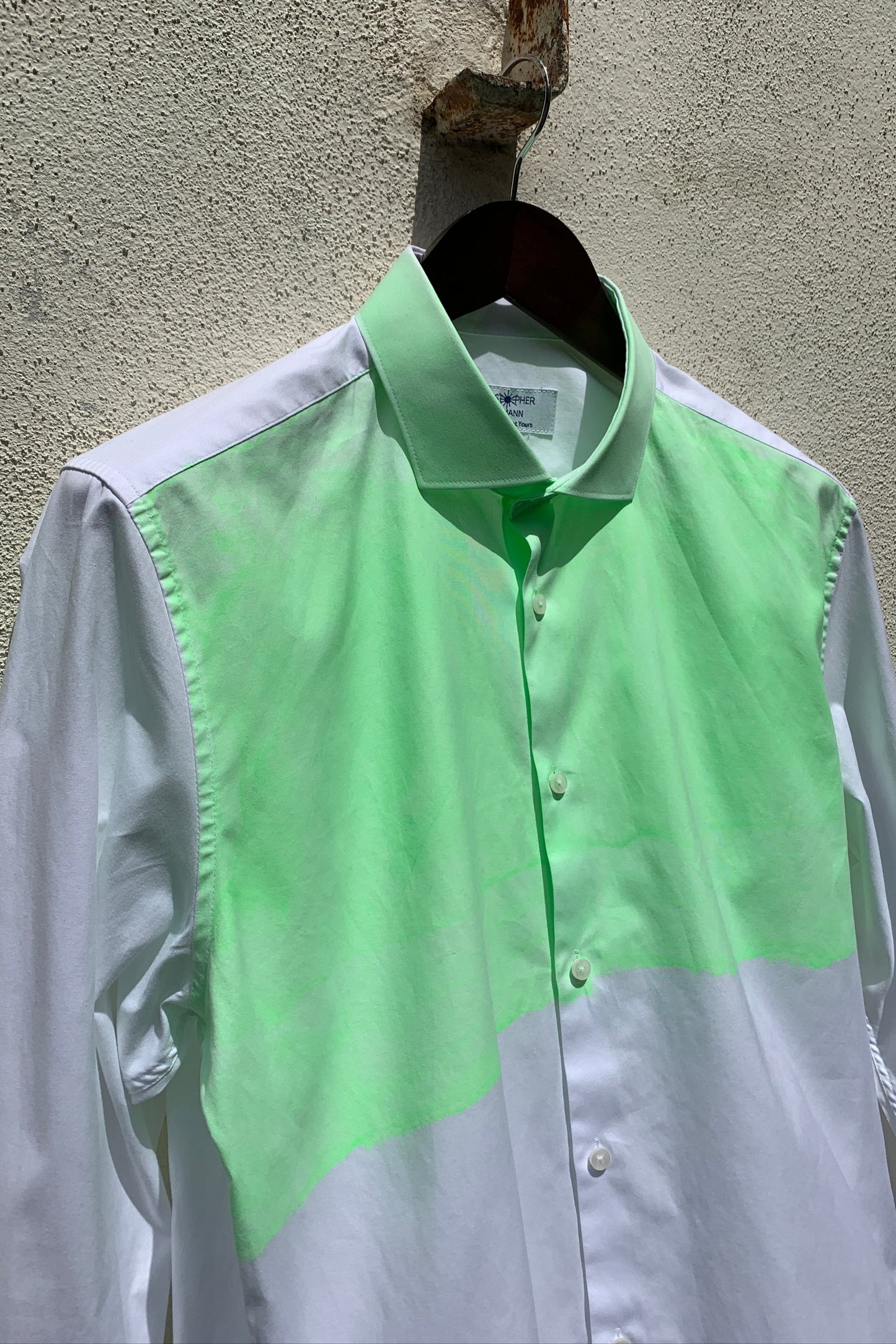 Upcycling Light Color-Blocking Hemd Weiß Neongrün L
