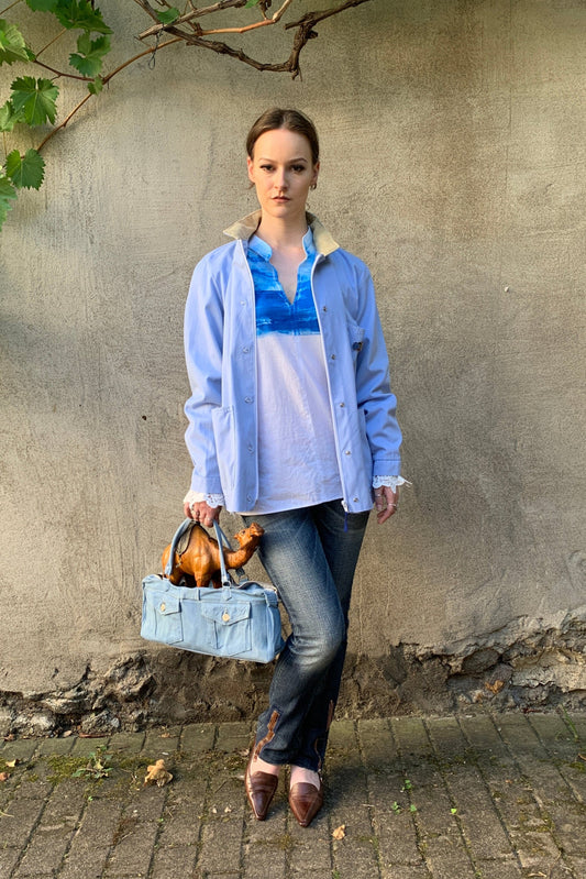 Upcycling Light Color-Chaos Spitzen Bluse Weiß Blau M