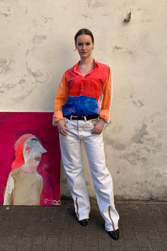 Upcycling Color-Chaos Hemd Rot Blau Orange M