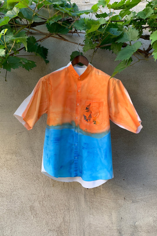 Upcycling Color-Chaos Kurzarm Hemd Orange Blau M