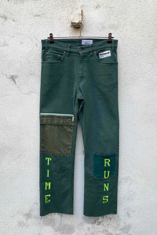 Upcycling Time Runs Biker Jeans Dunkelgrün W32 L32
