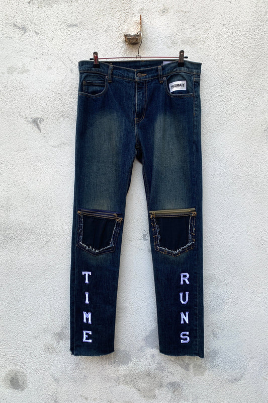 Upcycling Time Runs Biker Jeans Dunkelblau W33 L34