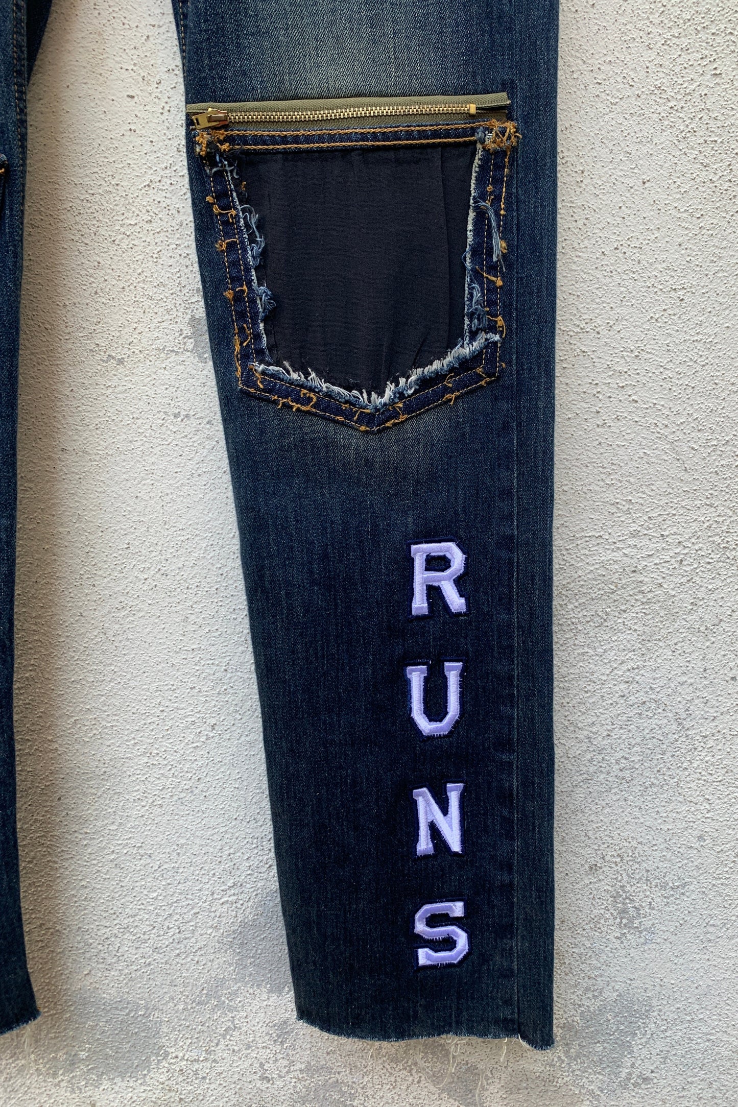 Upcycling Time Runs Biker Jeans Dunkelblau W33 L34
