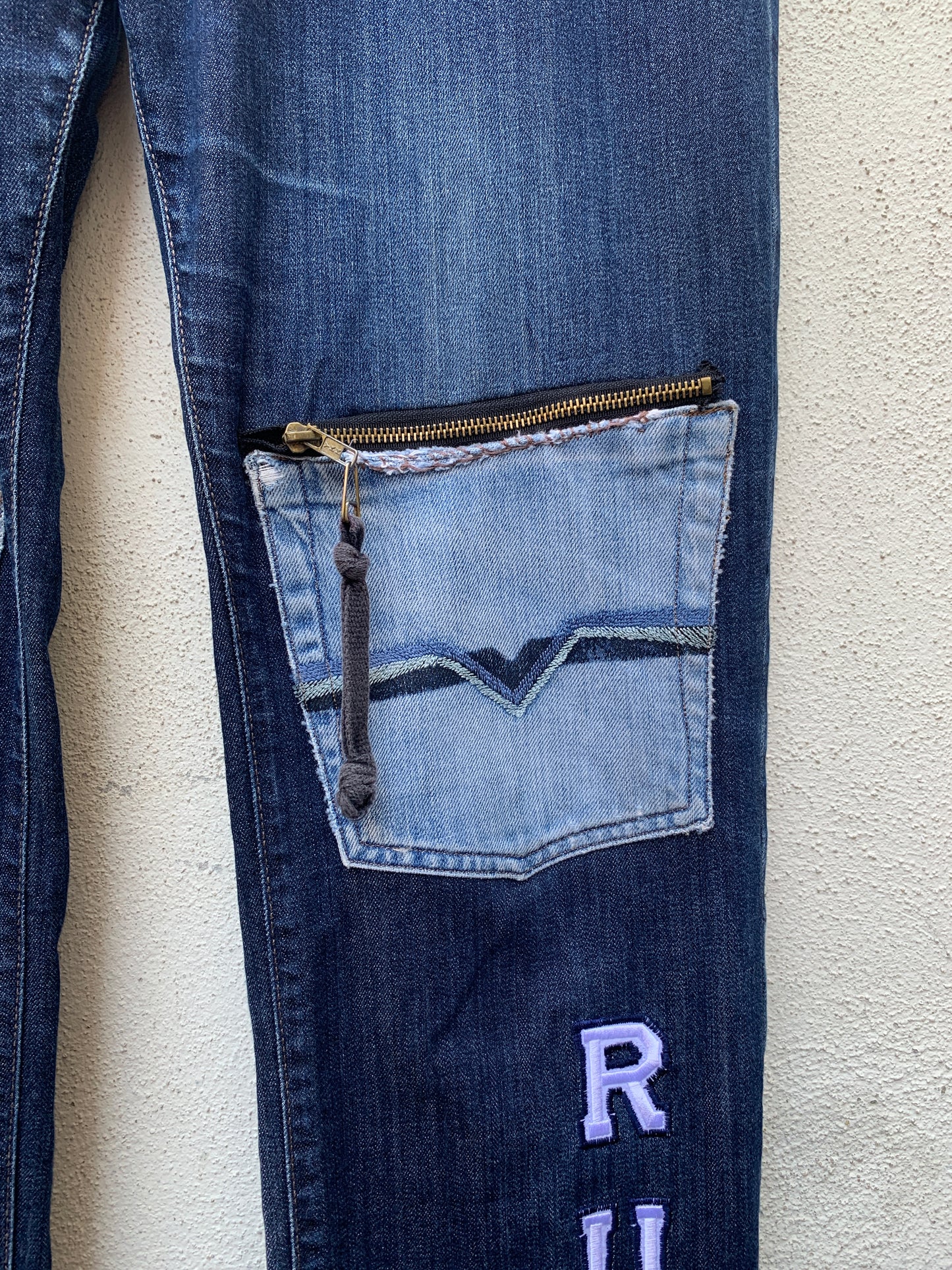Upcycling Time Runs Biker Jeans Dunkelblau W36 L34